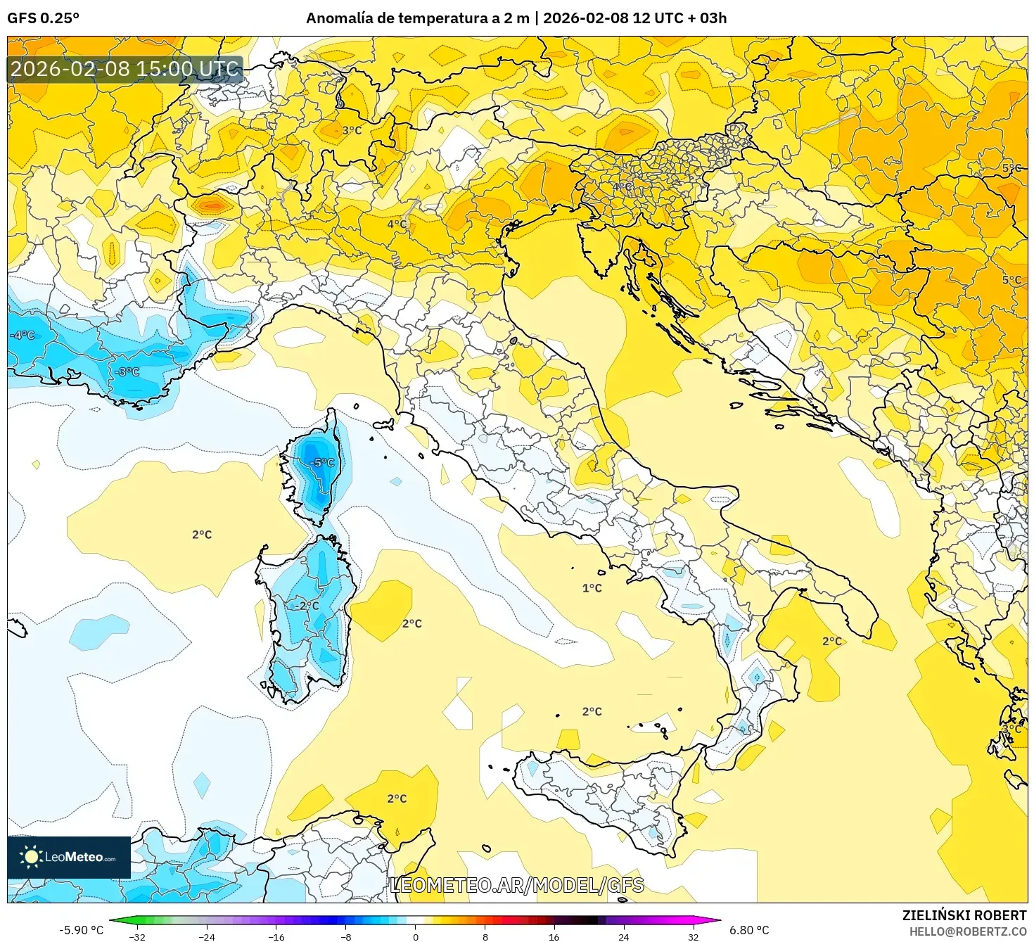 GFS model - Italia, Anomalía de temperatura a 2 m