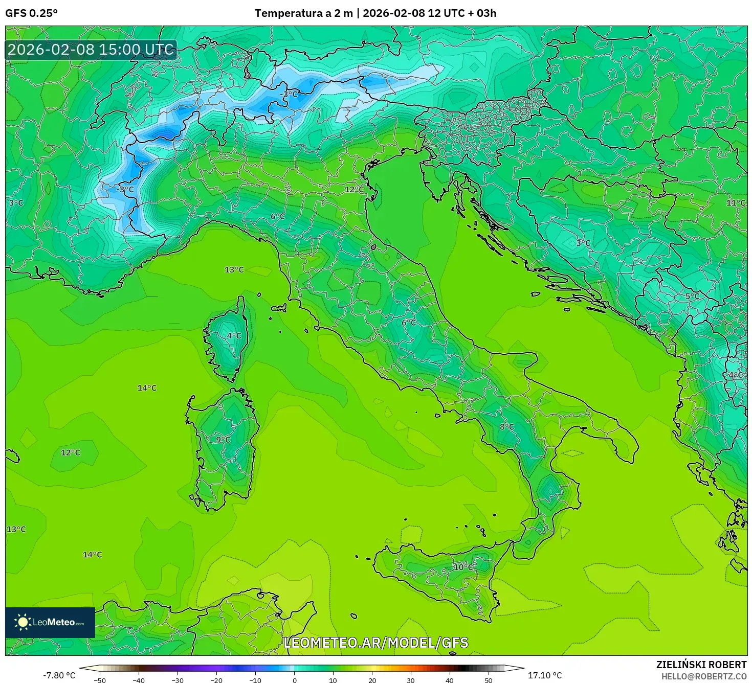 GFS model - Italia, Temperatura a 2 m