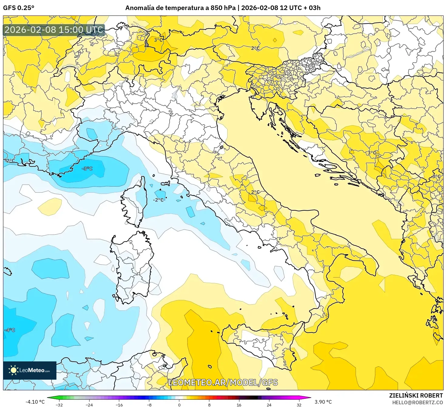 GFS model - Italia, Anomalía de temperatura a 850 hPa