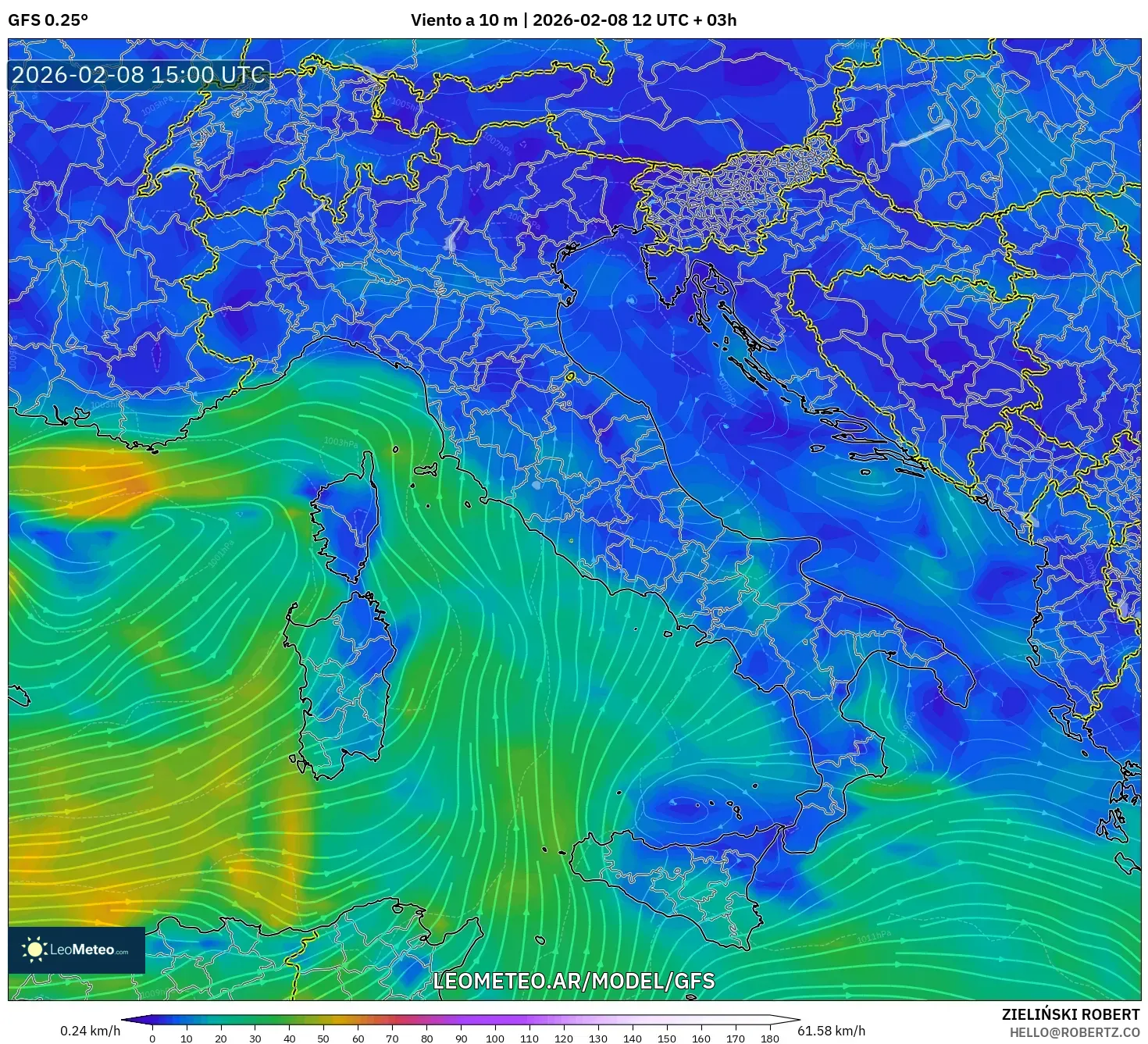 GFS model - Italia, Viento a 10 m