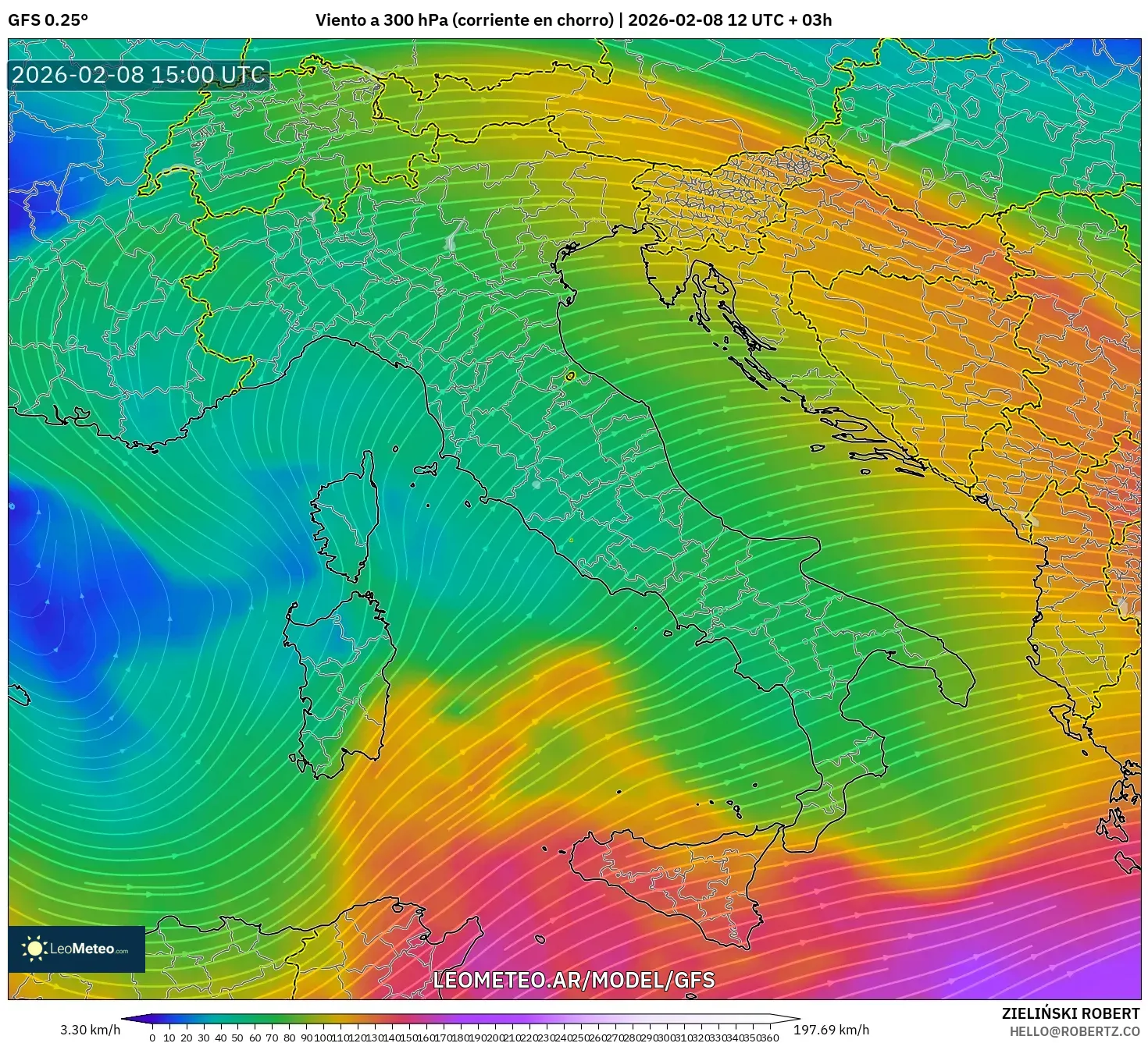 GFS model - Italia, Viento a 300 hPa (corriente en chorro)