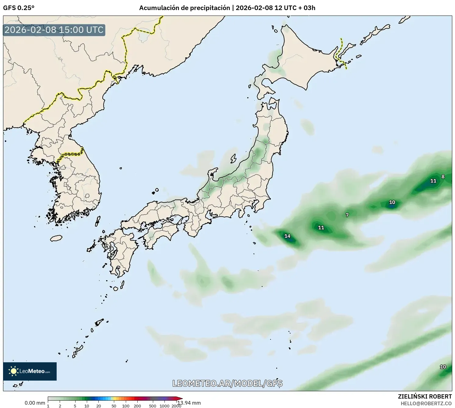 GFS model - Japón, Acumulación de precipitación