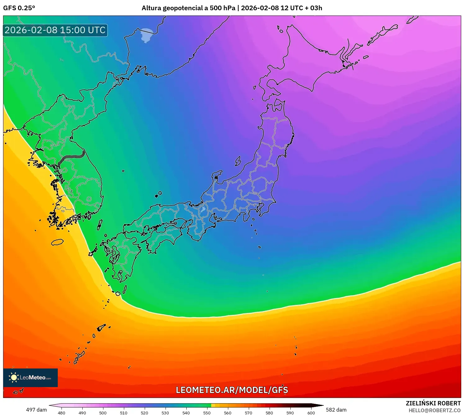 GFS model - Japón, Altura geopotencial a 500 hPa