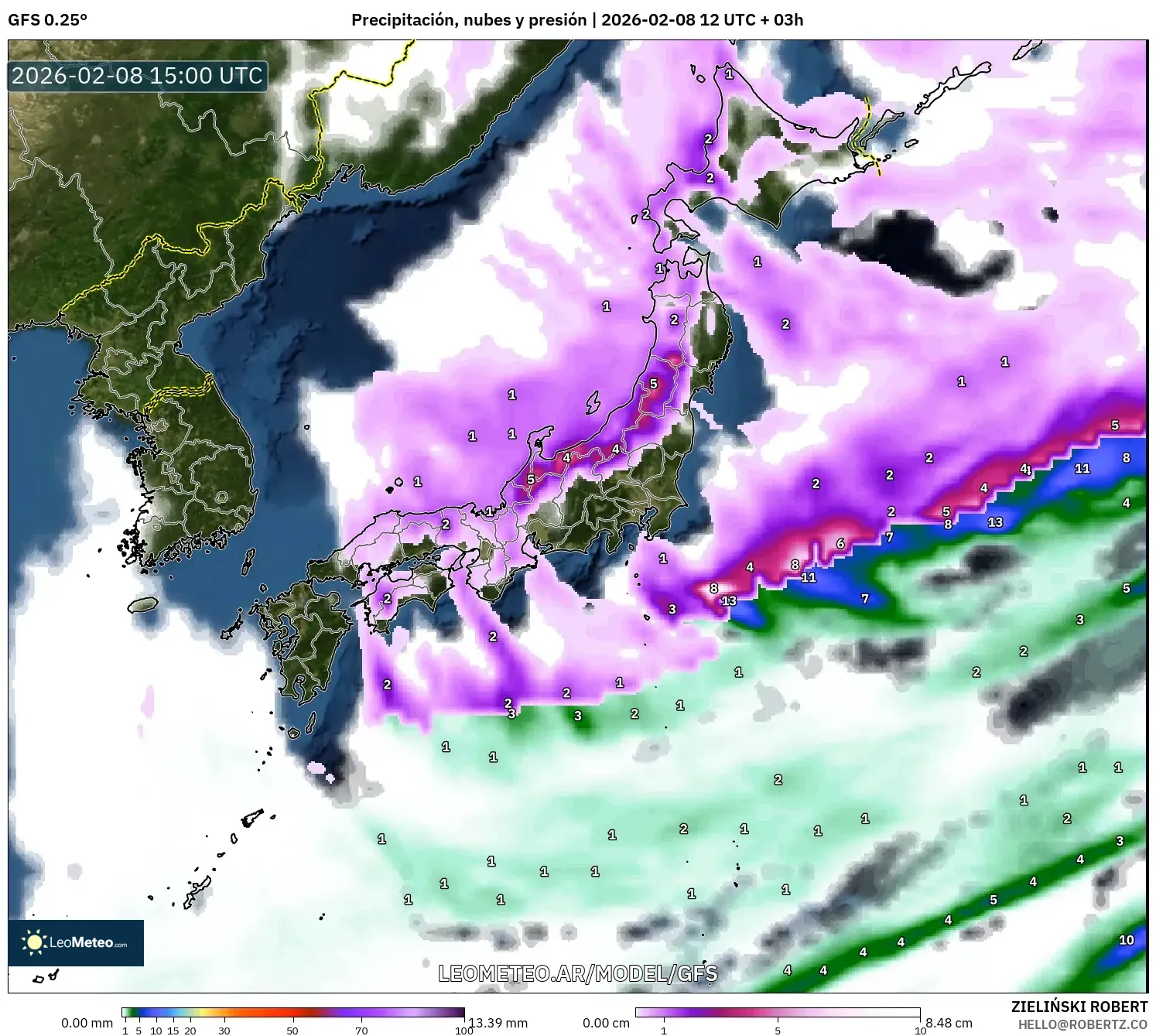 GFS model - Japón, Precipitación, nubes y presión