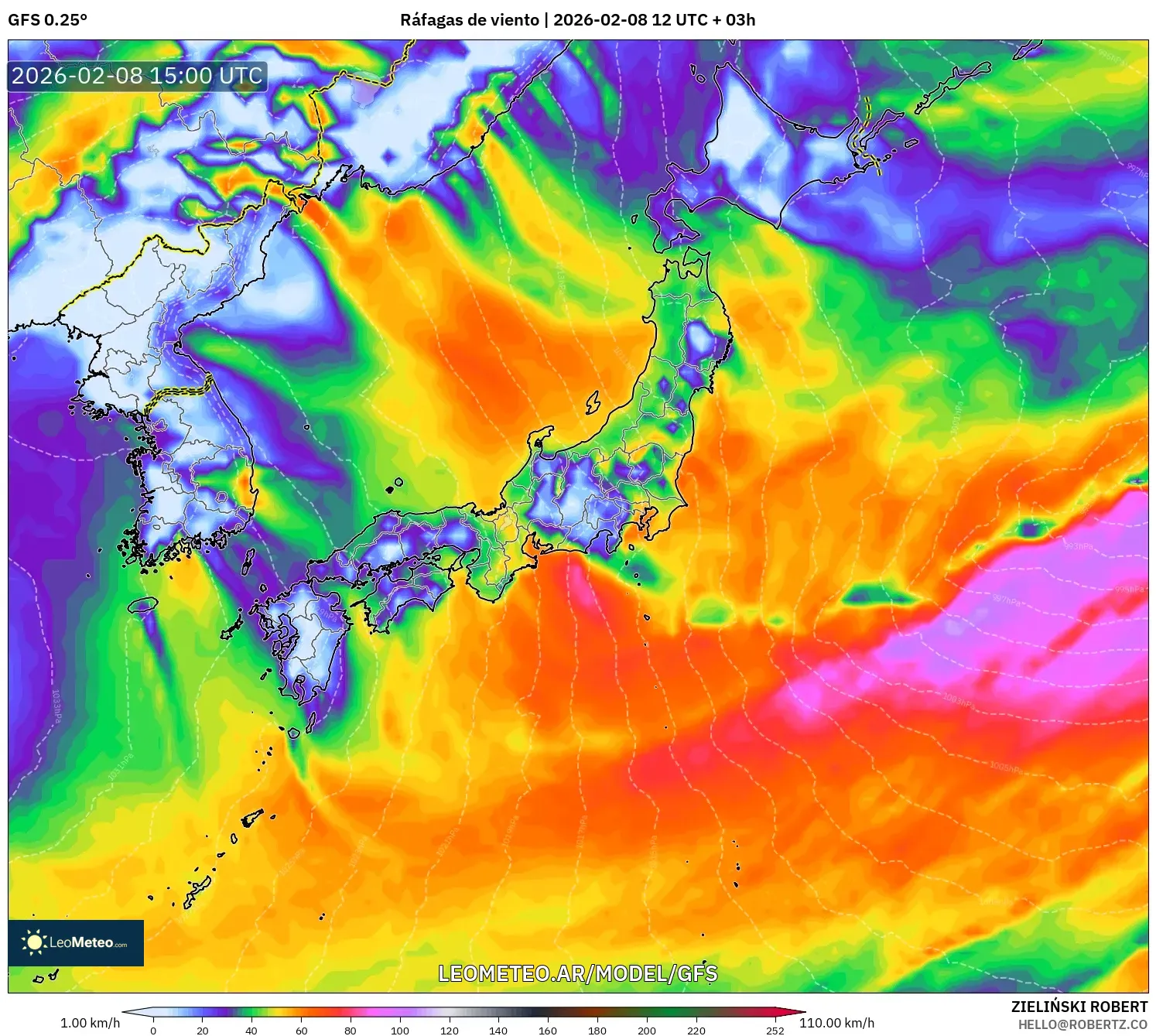 GFS model - Japón, Ráfagas de viento