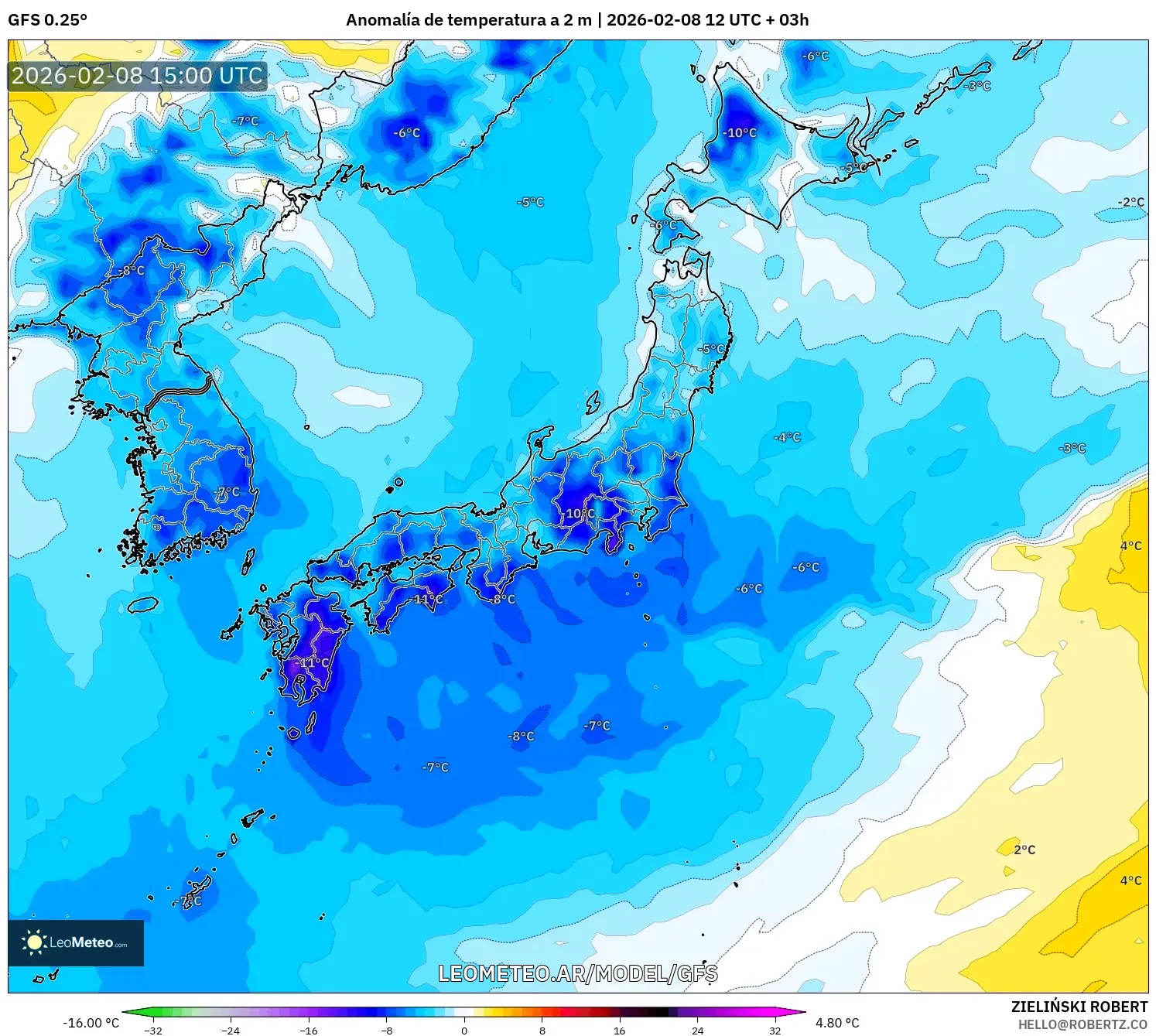 GFS model - Japón, Anomalía de temperatura a 2 m