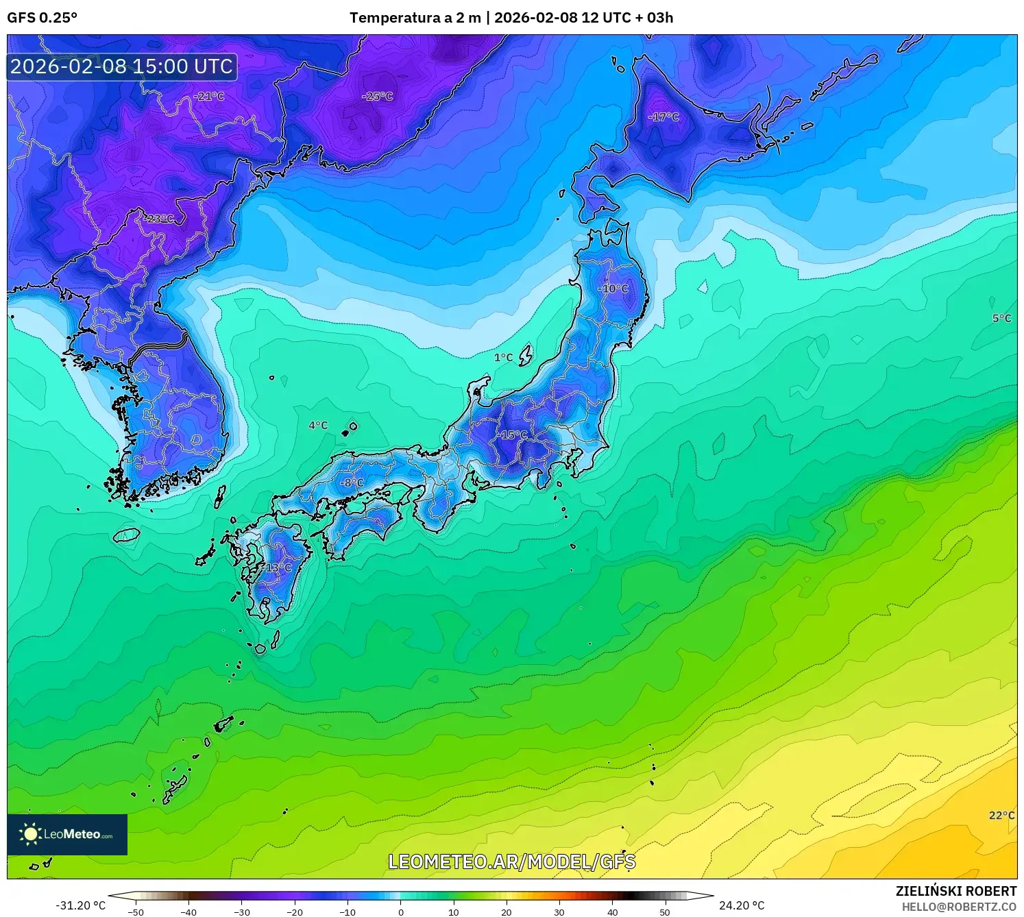 GFS model - Japón, Temperatura a 2 m