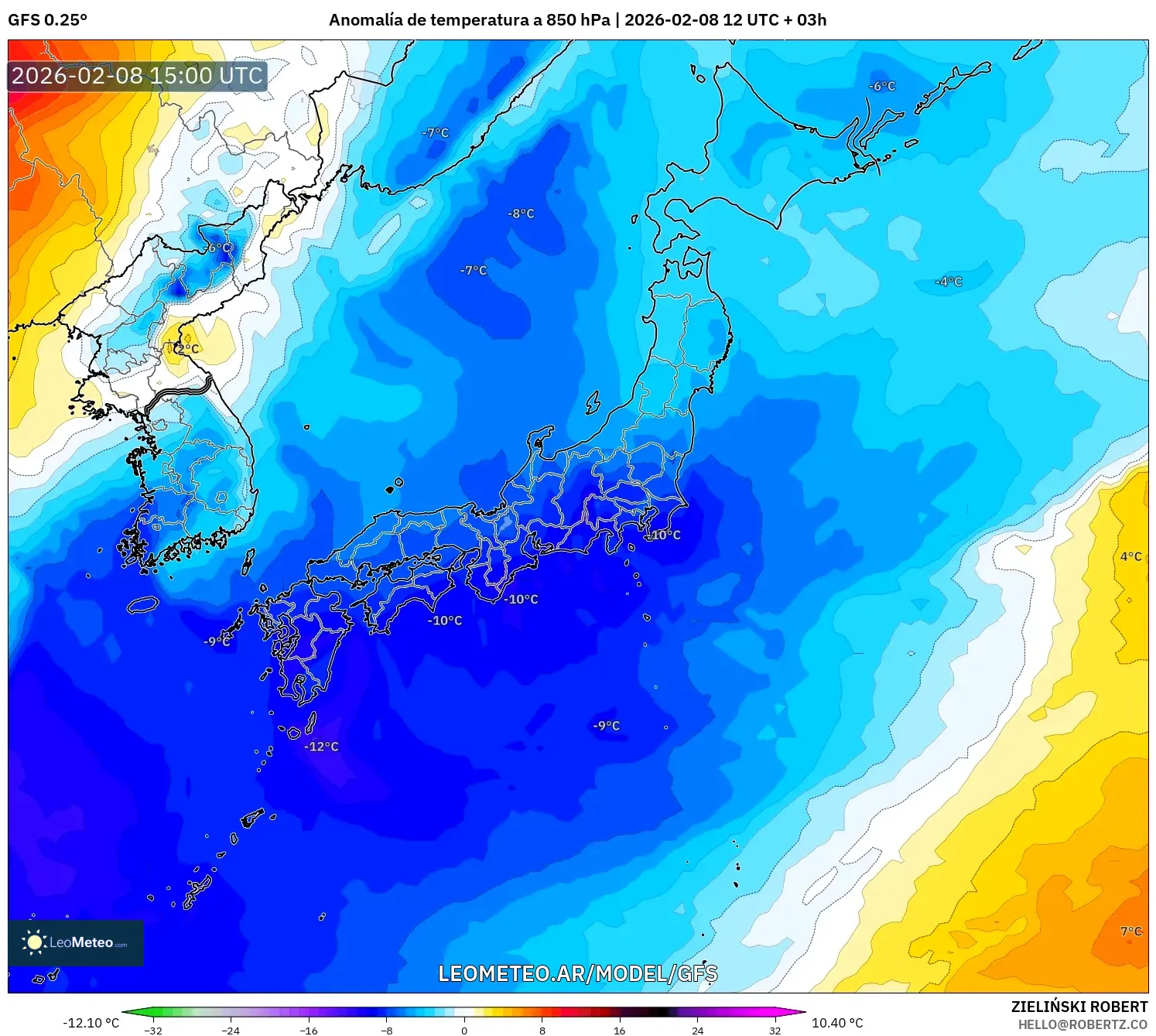 GFS model - Japón, Anomalía de temperatura a 850 hPa