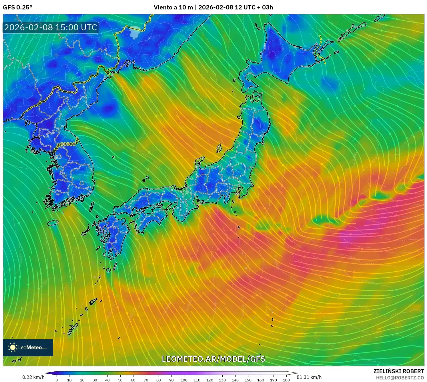GFS model - Japón, Viento a 10 m
