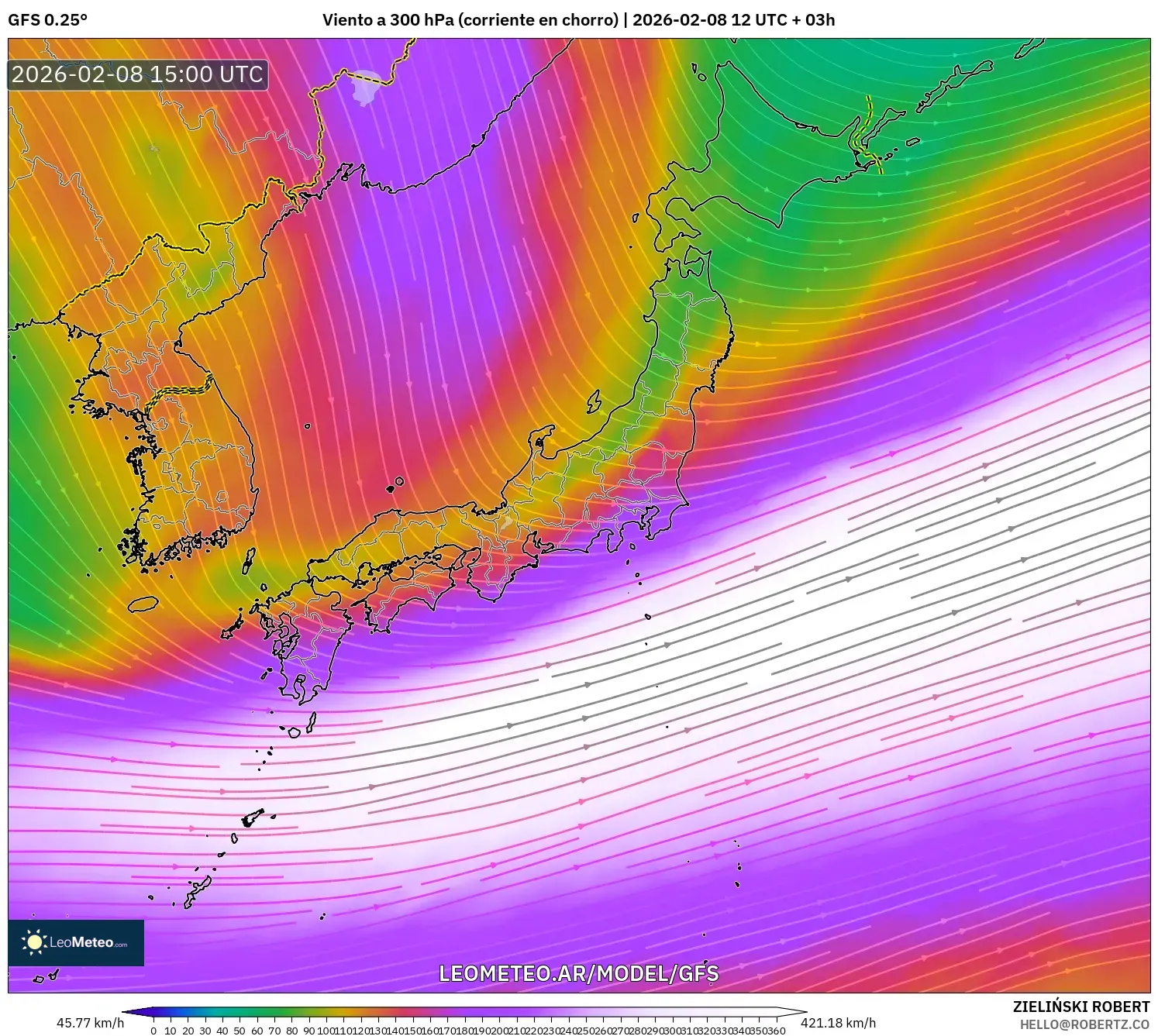 GFS model - Japón, Viento a 300 hPa (corriente en chorro)
