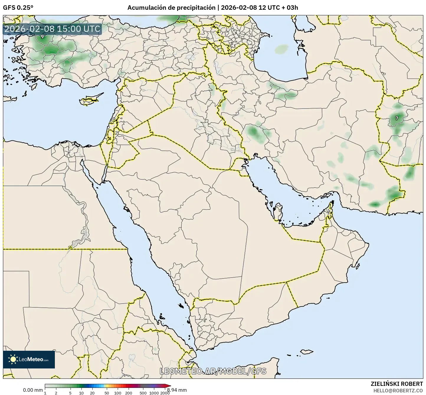 GFS model - Oriente Medio, Acumulación de precipitación