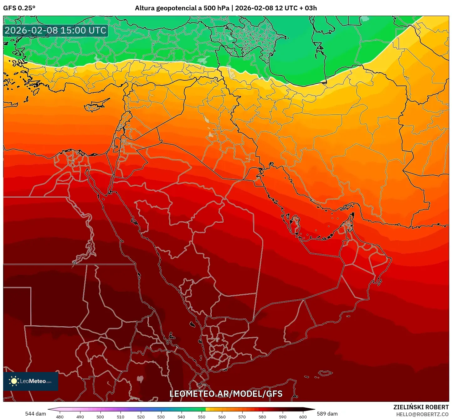 GFS model - Oriente Medio, Altura geopotencial a 500 hPa