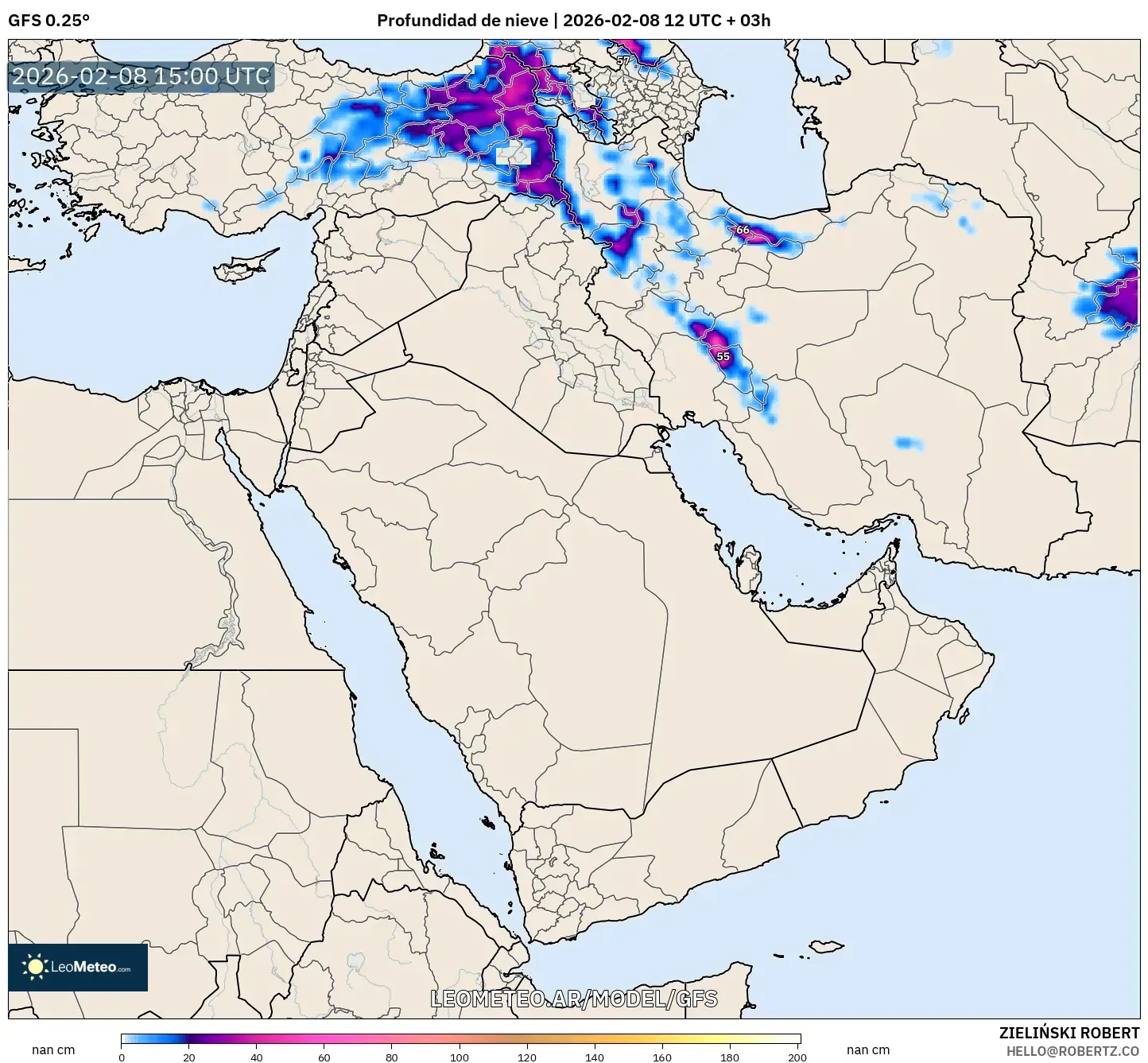 GFS model - Oriente Medio, Profundidad de nieve
