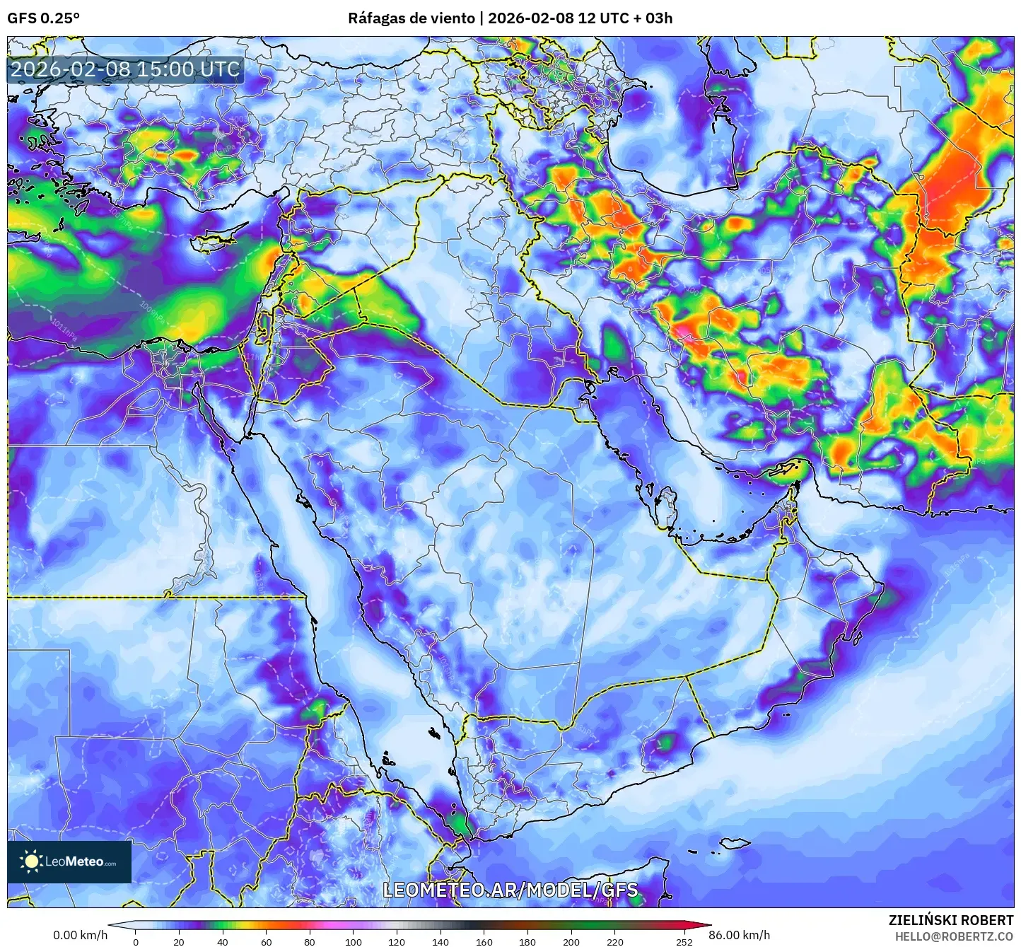 GFS model - Oriente Medio, Ráfagas de viento