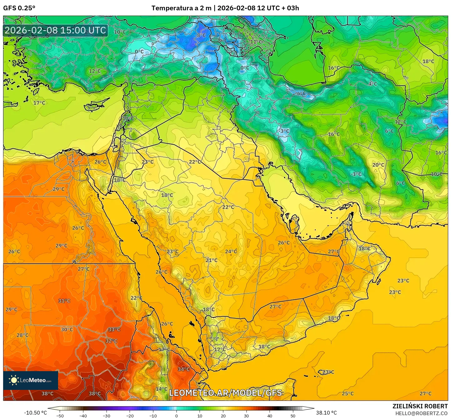GFS model - Oriente Medio, Temperatura a 2 m