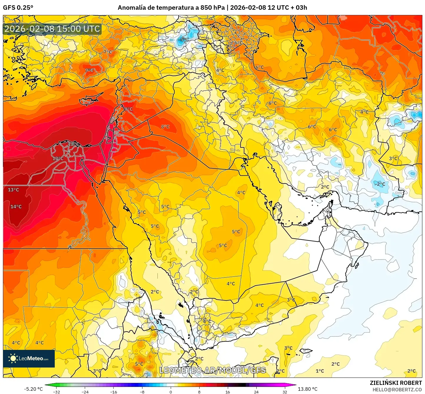 GFS model - Oriente Medio, Anomalía de temperatura a 850 hPa