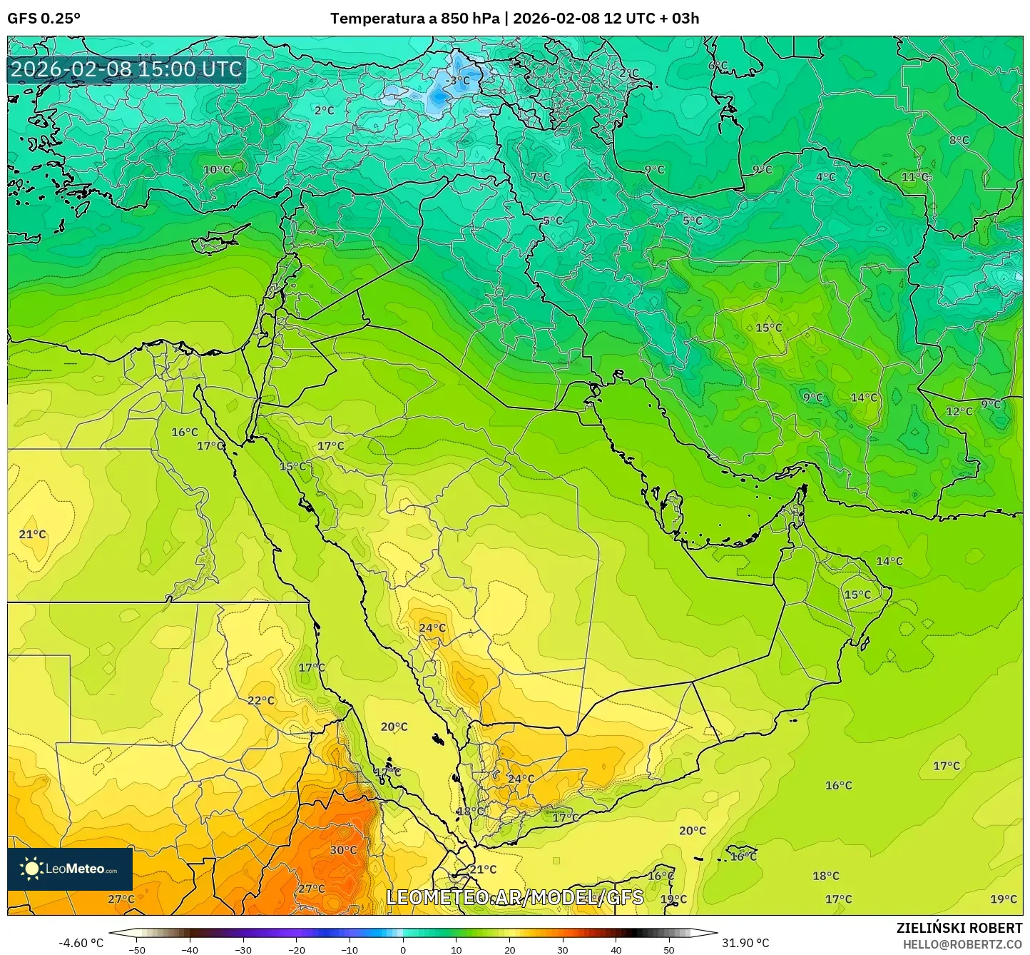 GFS model - Oriente Medio, Temperatura a 850 hPa