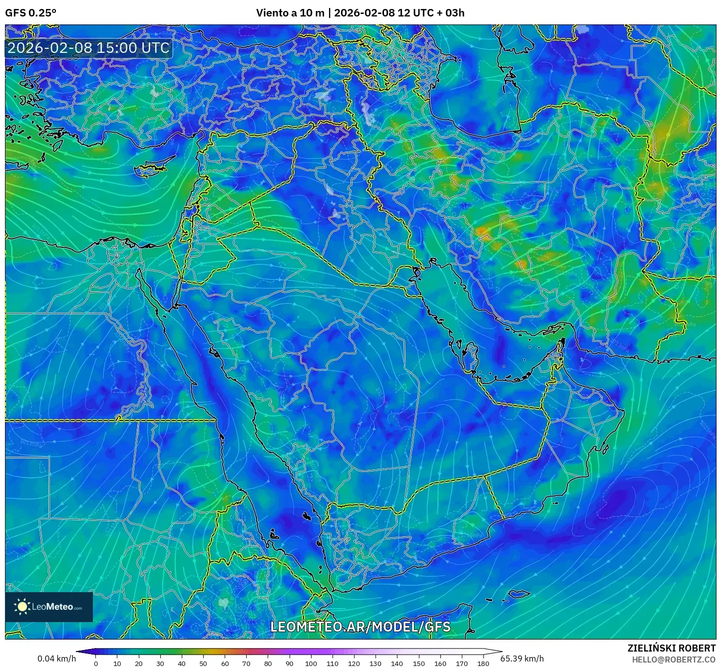 GFS model - Oriente Medio, Viento a 10 m