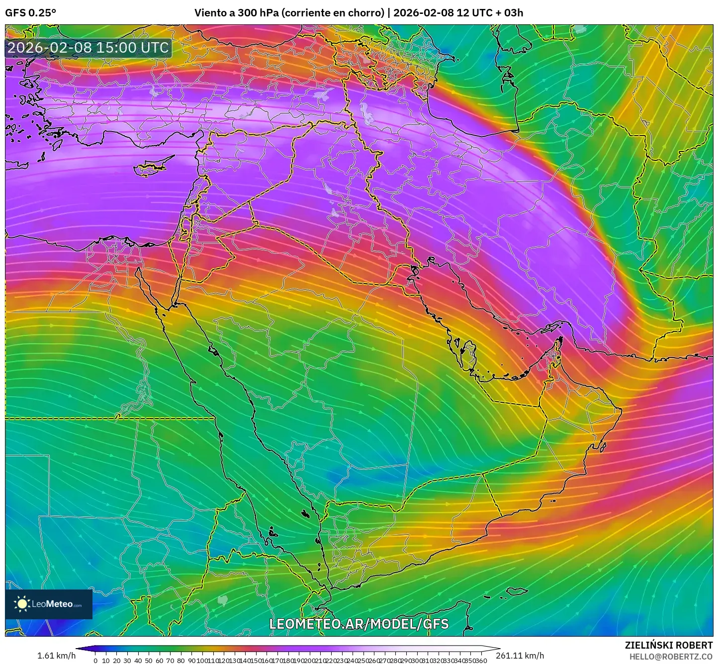 GFS model - Oriente Medio, Viento a 300 hPa (corriente en chorro)