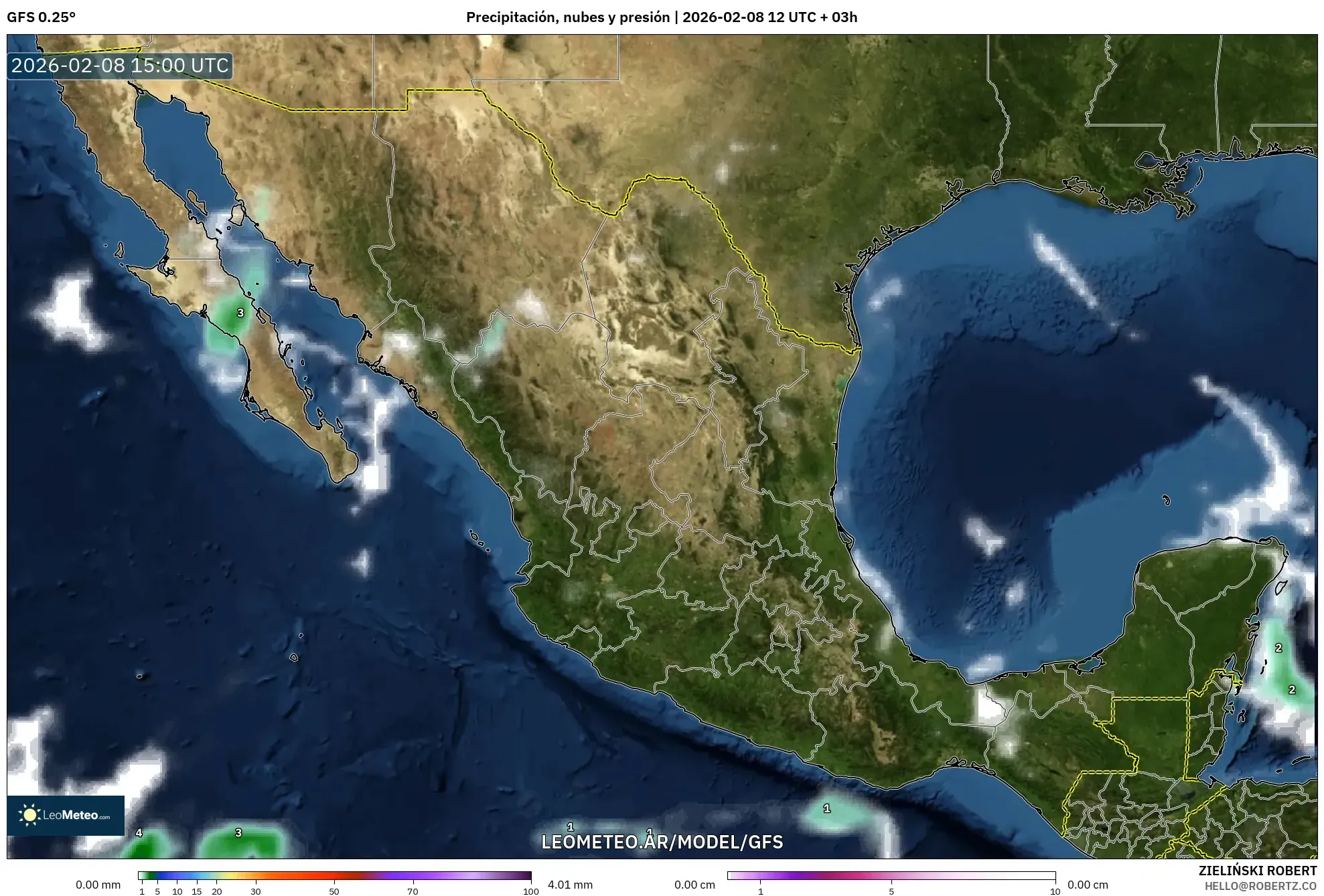 GFS model - México, Precipitación, nubes y presión