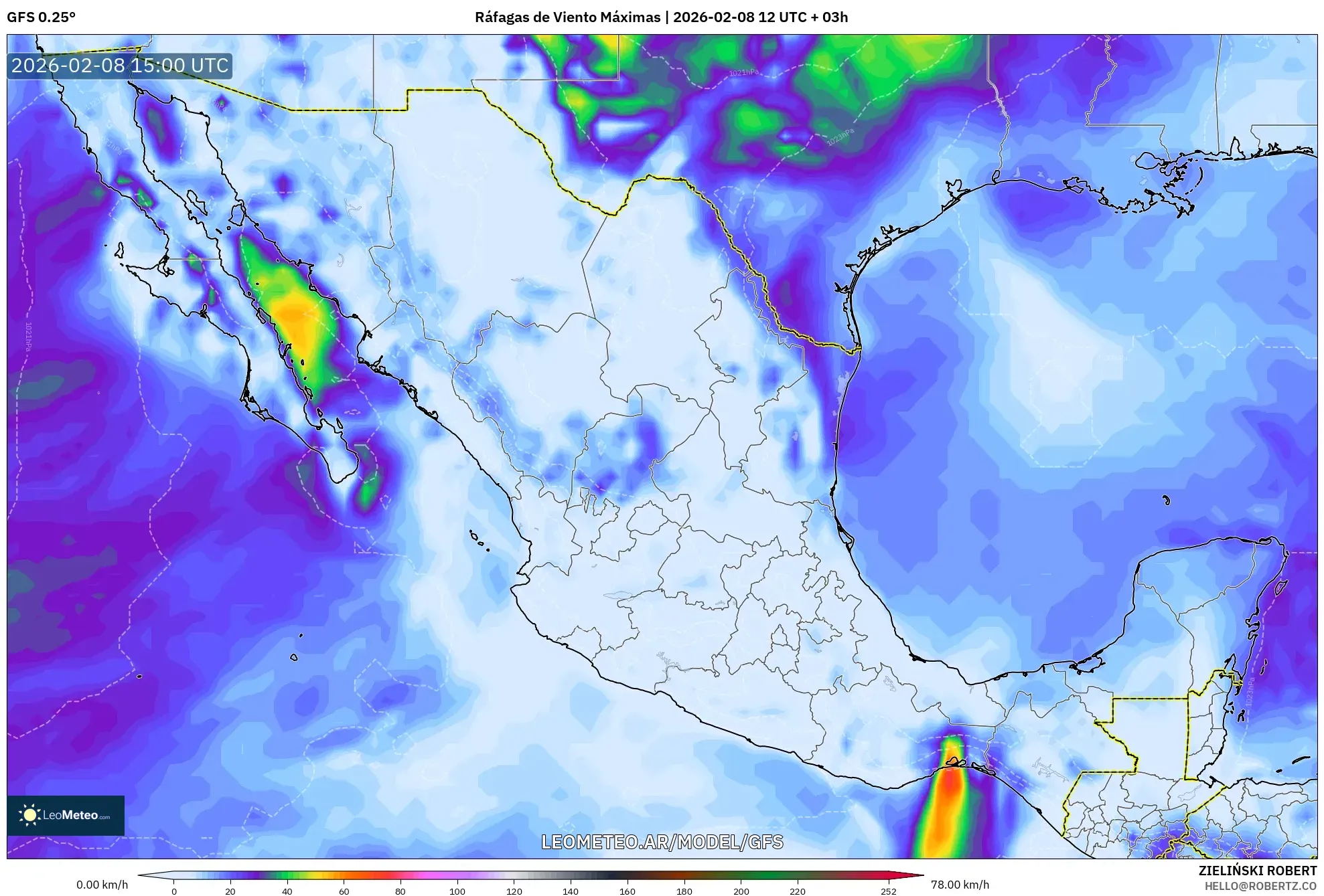 GFS model - México, Ráfagas de Viento Máximas