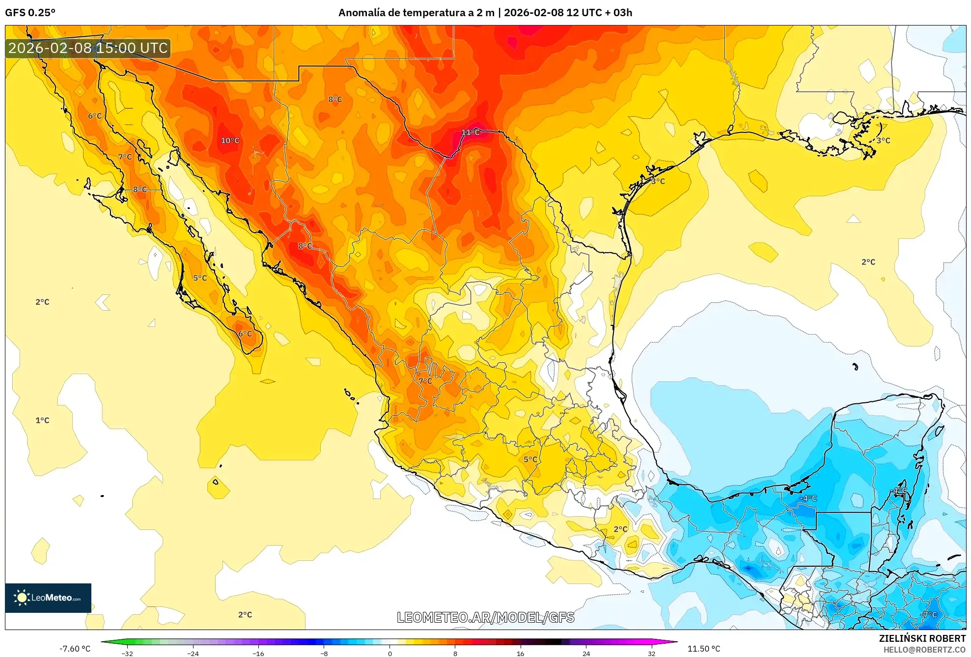 GFS model - México, Anomalía de temperatura a 2 m