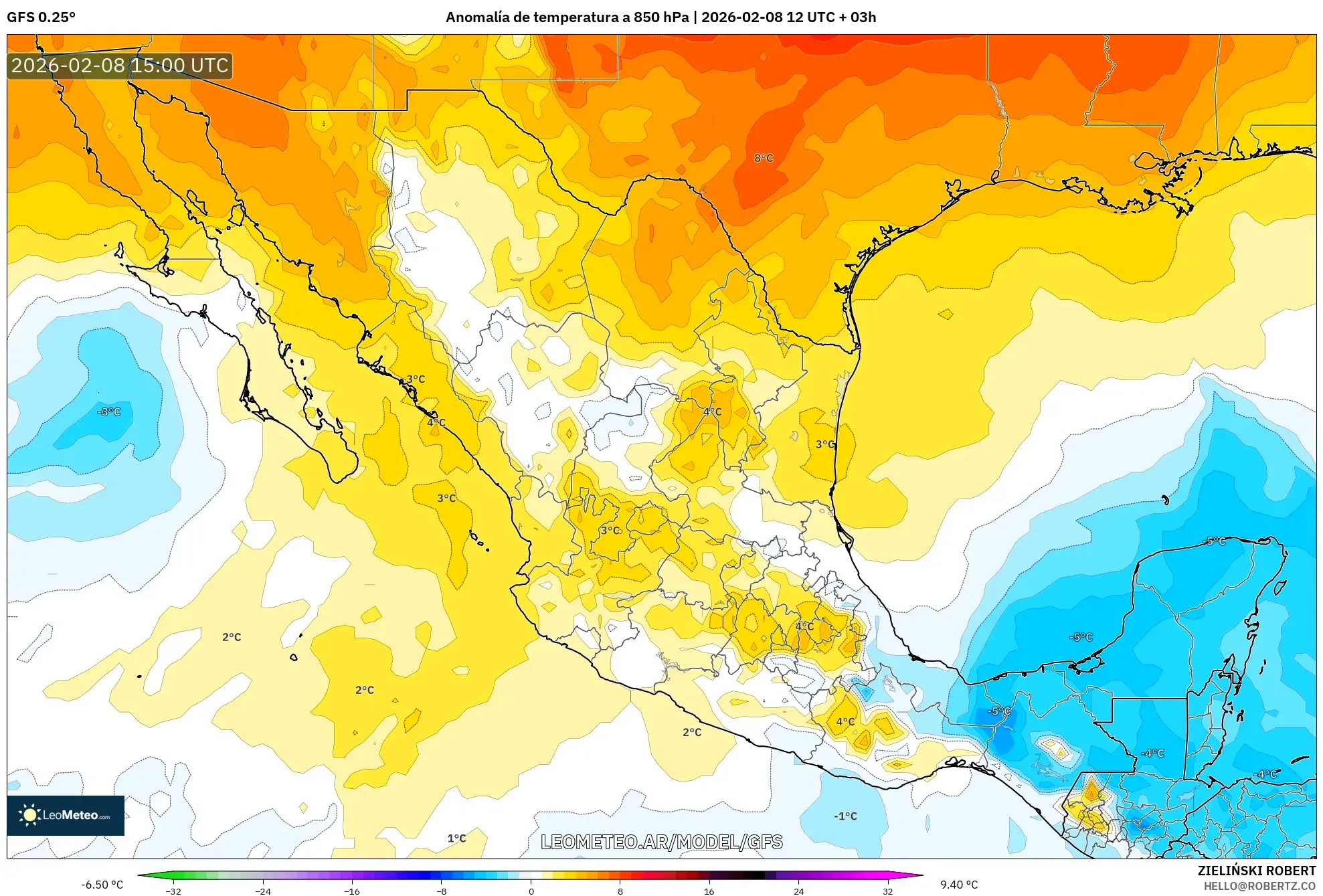 GFS model - México, Anomalía de temperatura a 850 hPa