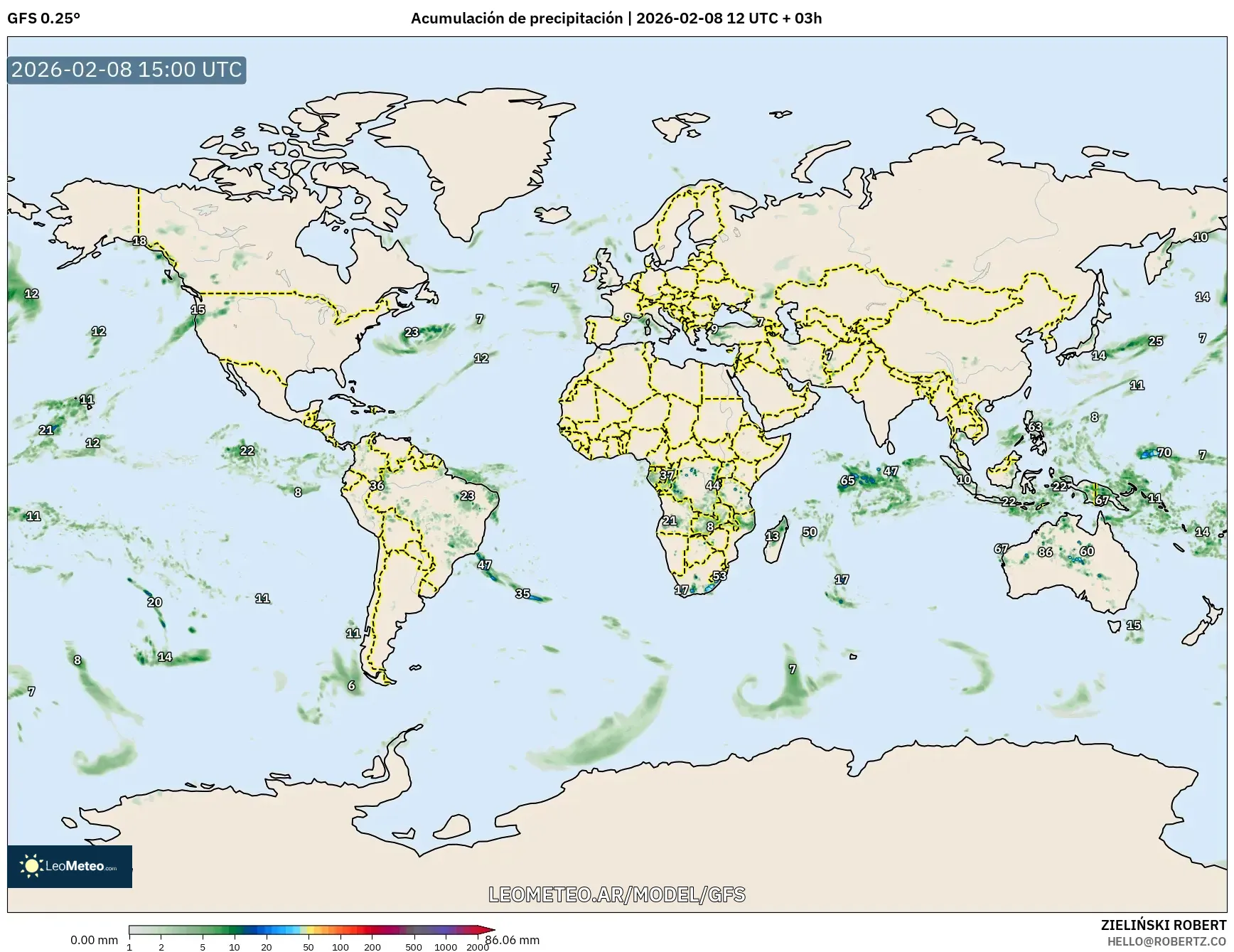 GFS model - Mundo, Acumulación de precipitación