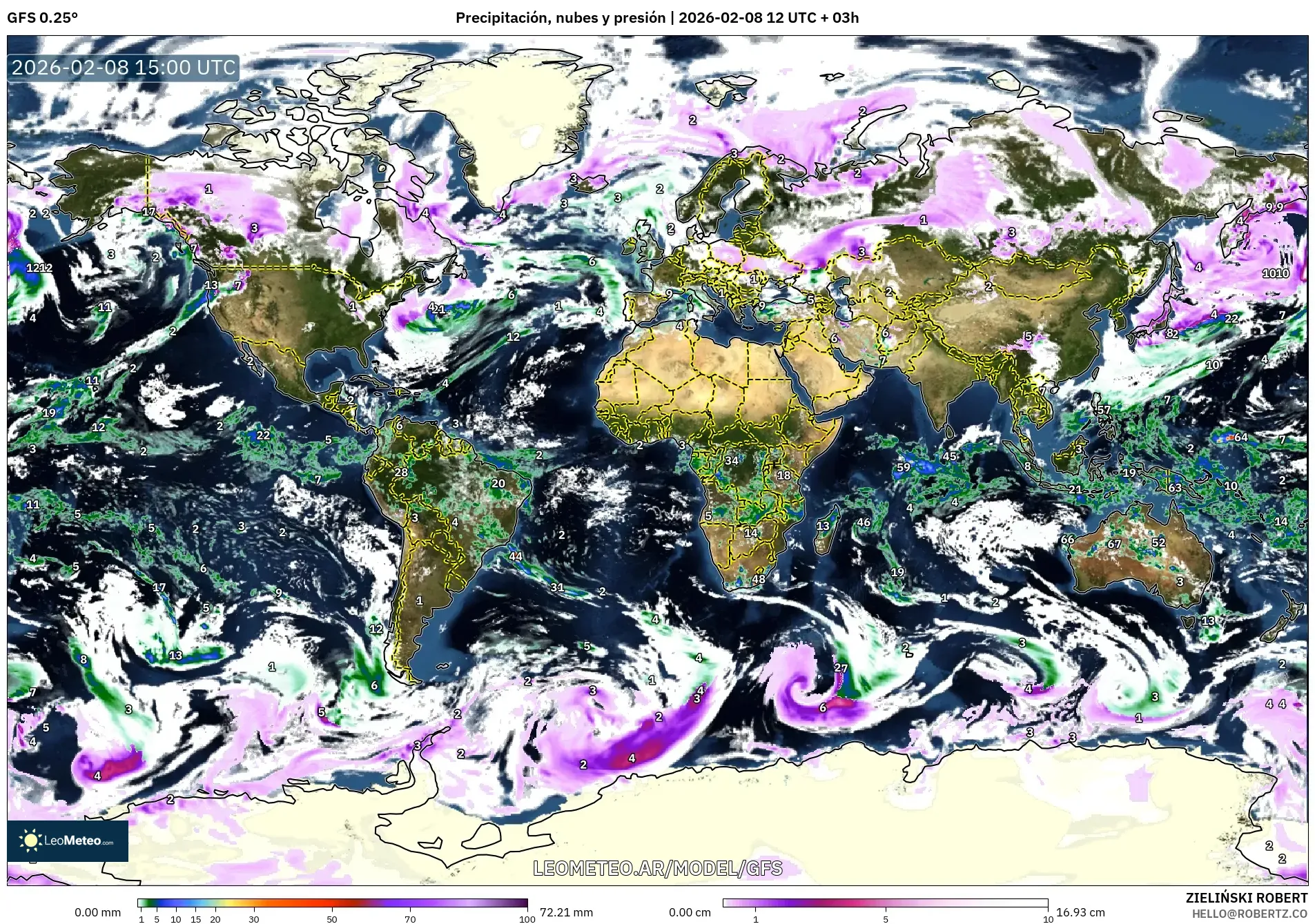 GFS model - Mundo, Precipitación, nubes y presión