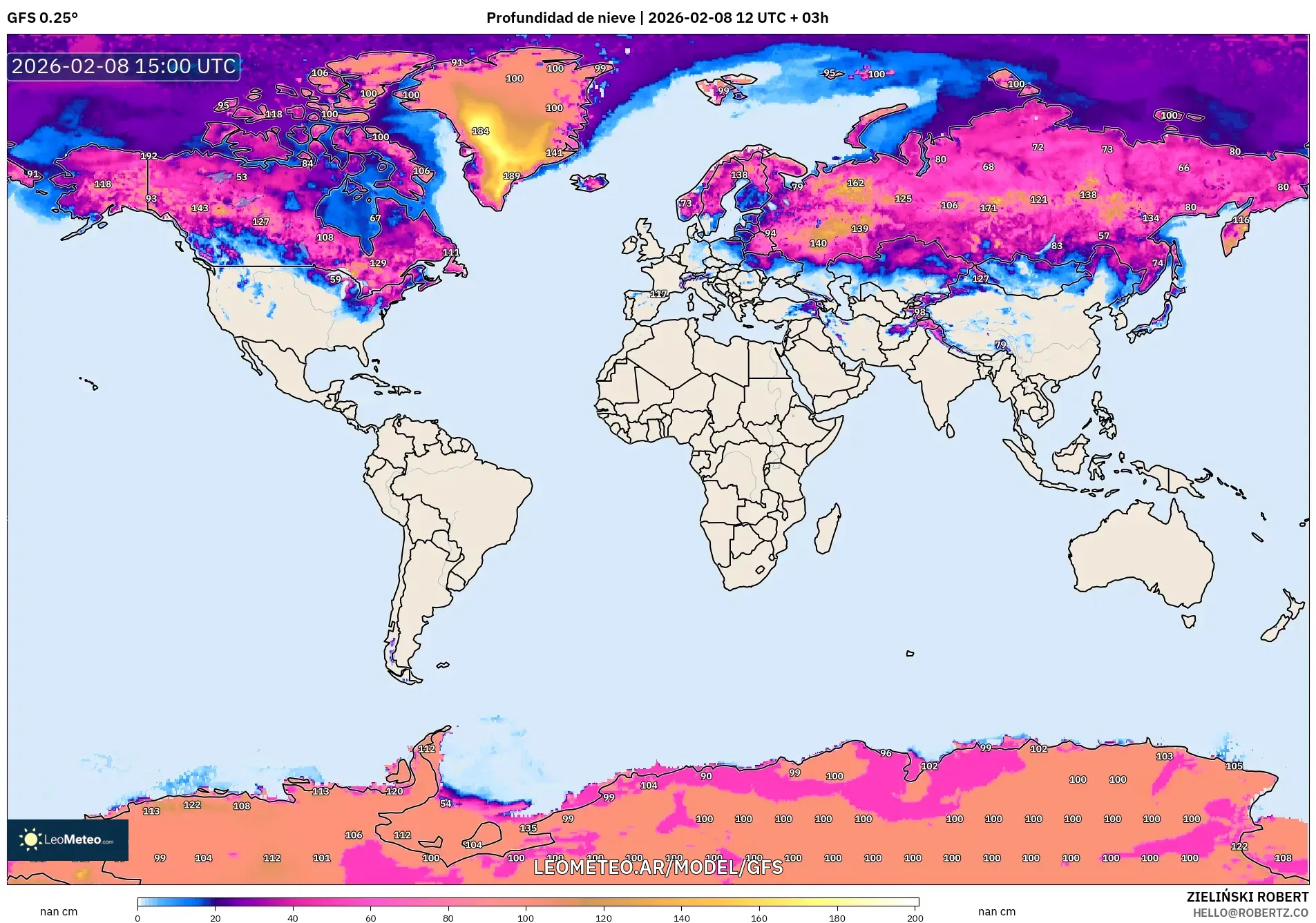 GFS model - Mundo, Profundidad de nieve
