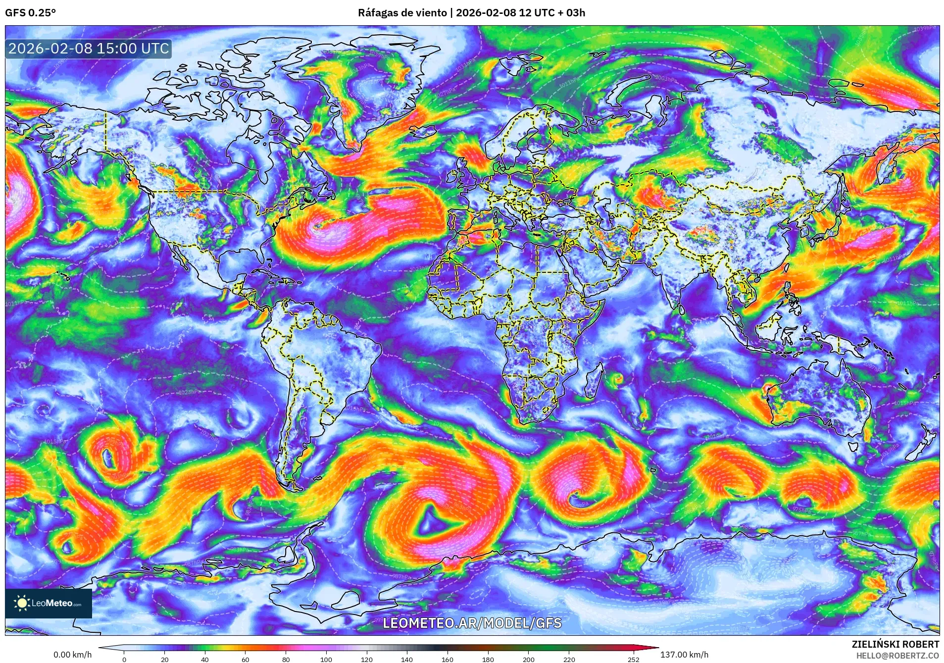 GFS model - Mundo, Ráfagas de viento