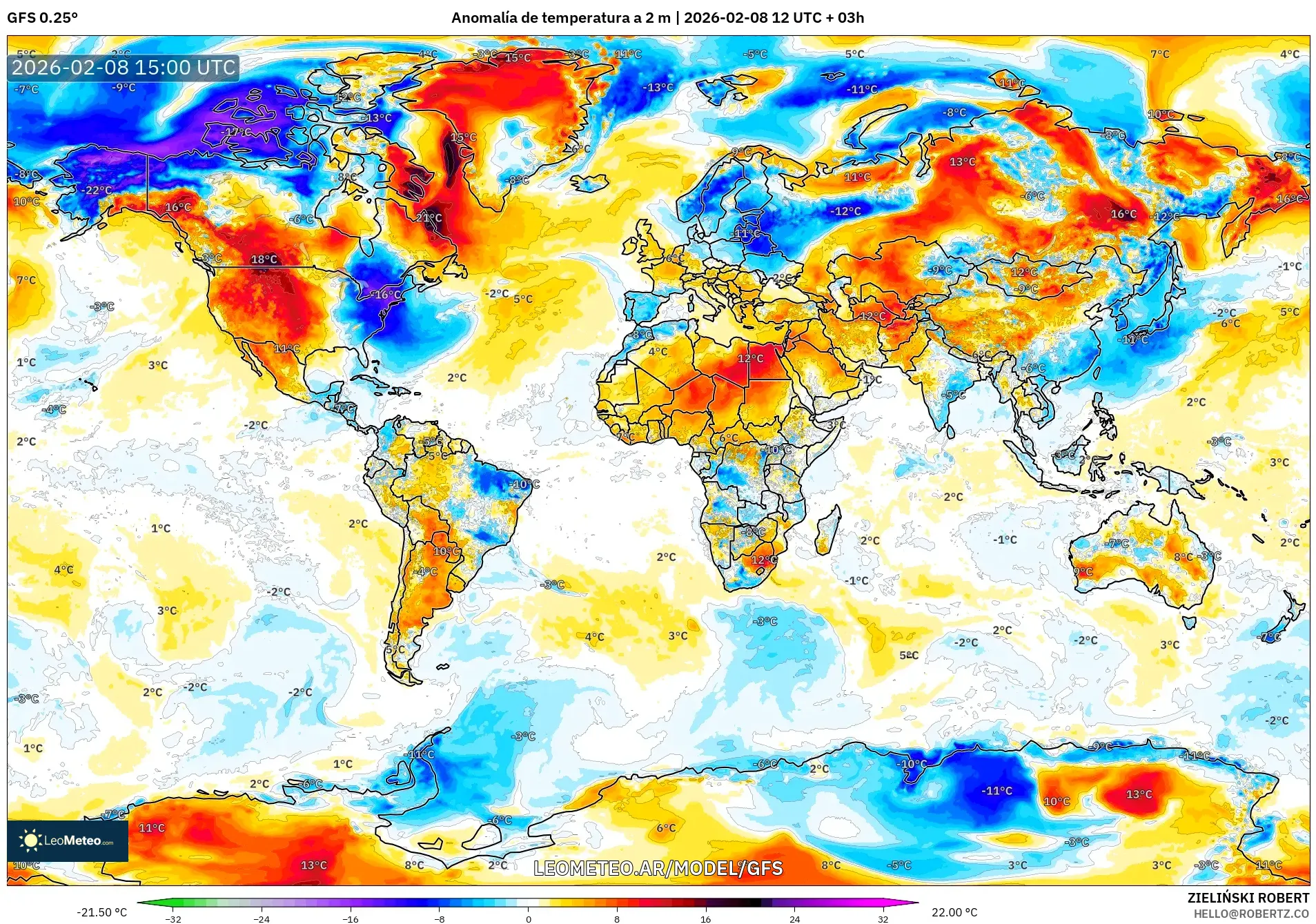 GFS model - Mundo, Anomalía de temperatura a 2 m