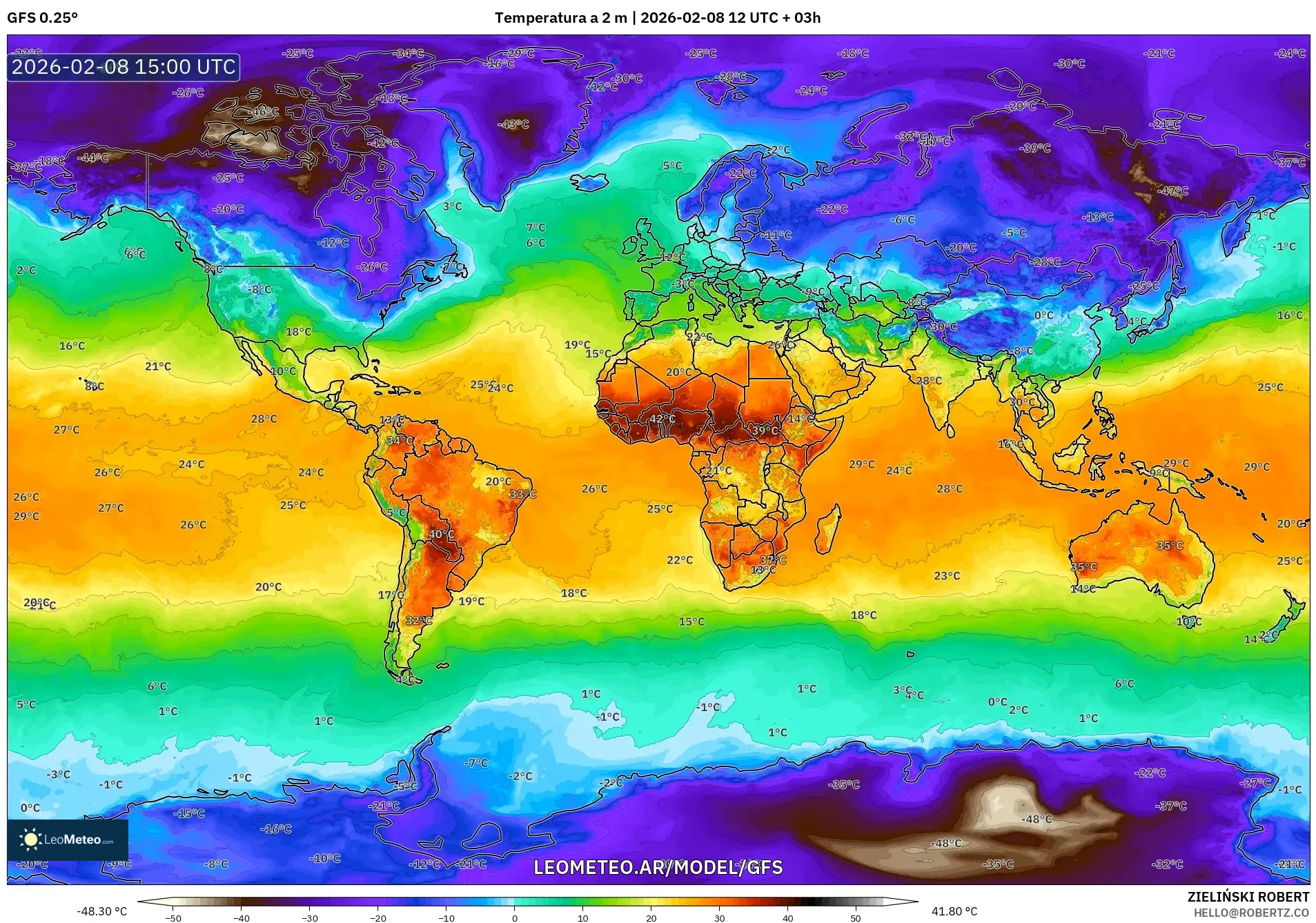 GFS model - Mundo, Temperatura a 2 m