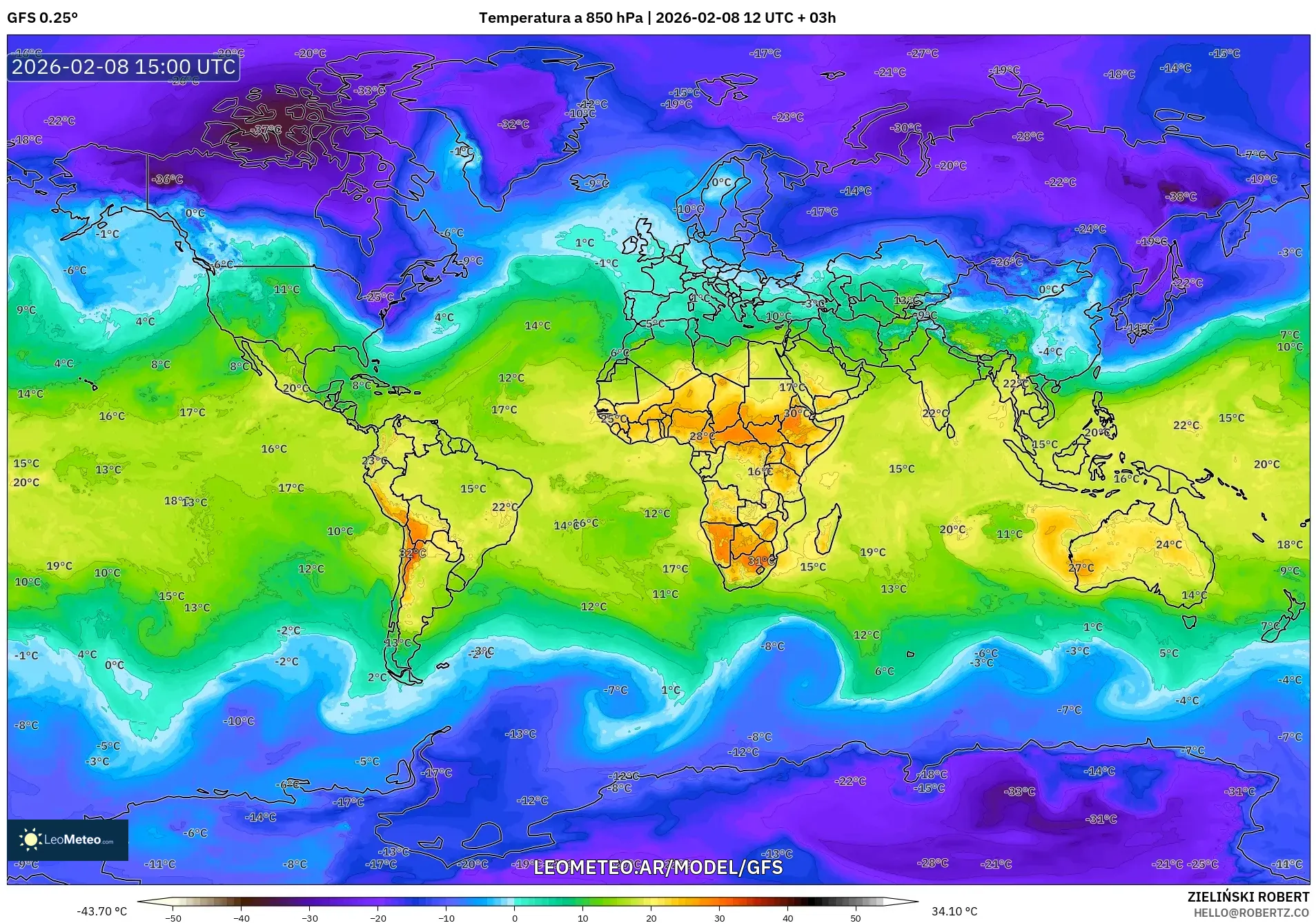 GFS model - Mundo, Temperatura a 850 hPa