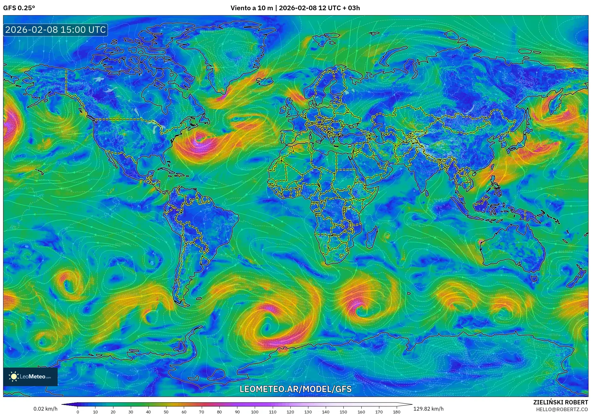 GFS model - Mundo, Viento a 10 m