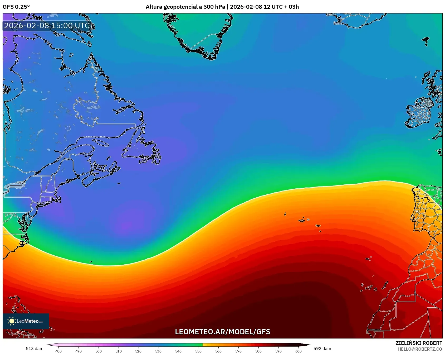 GFS model - Norte Atlántico, Altura geopotencial a 500 hPa
