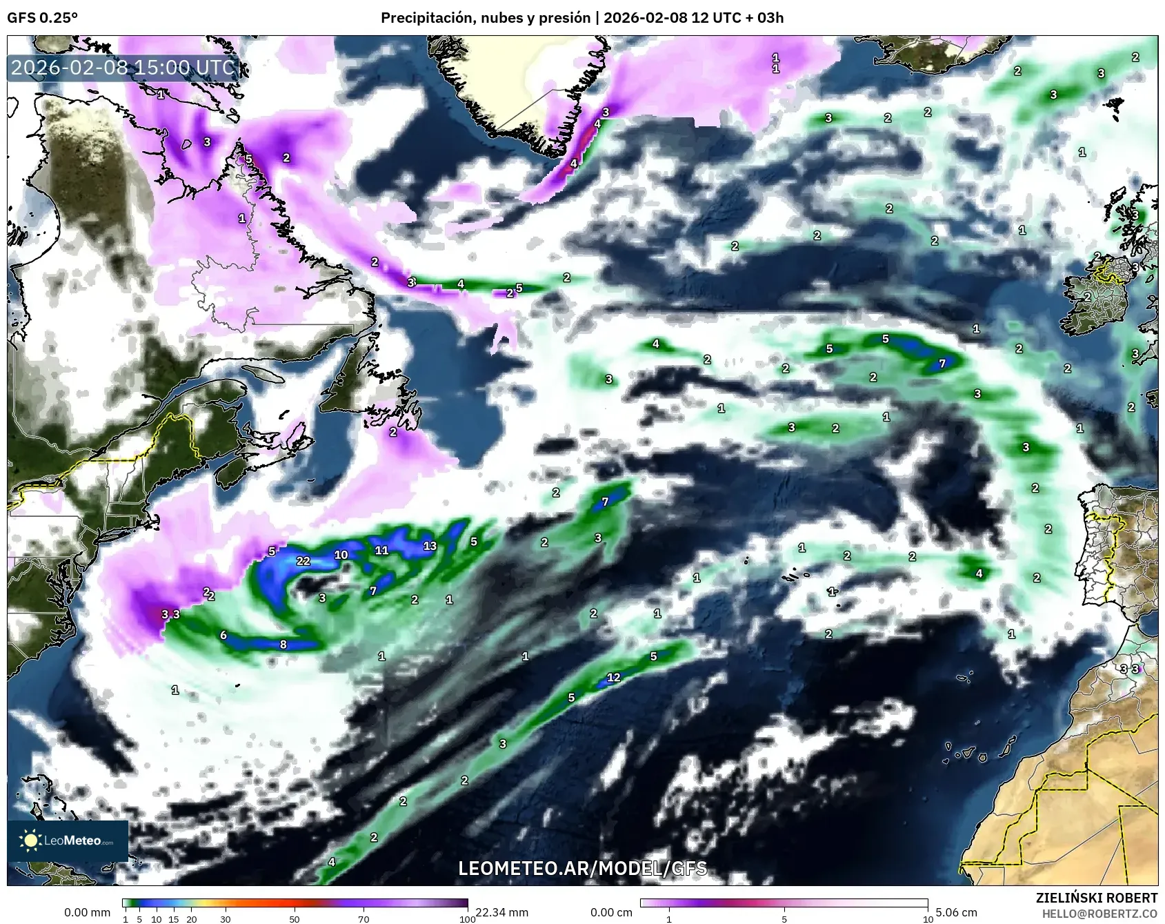 GFS model - Norte Atlántico, Precipitación, nubes y presión