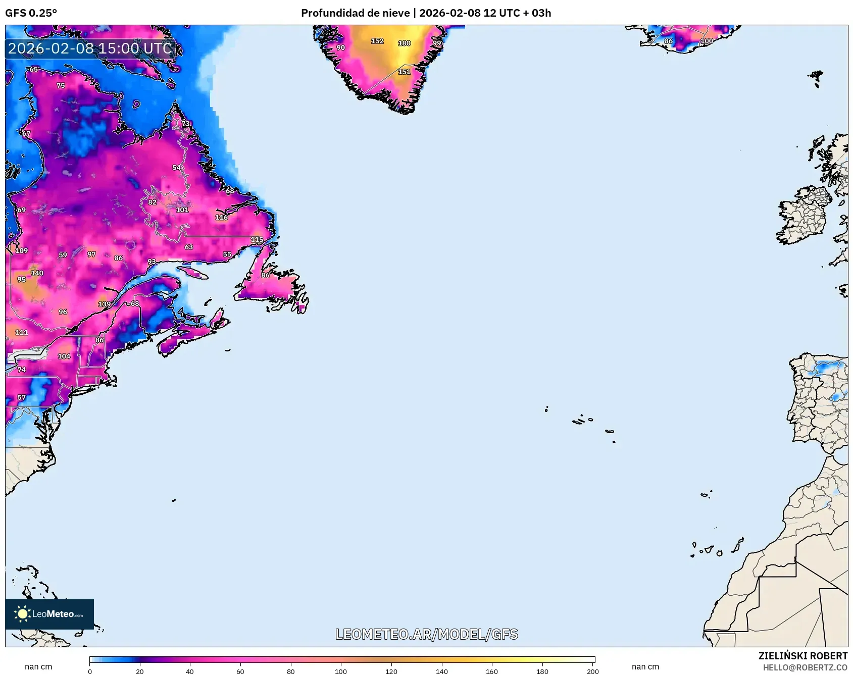 GFS model - Norte Atlántico, Profundidad de nieve