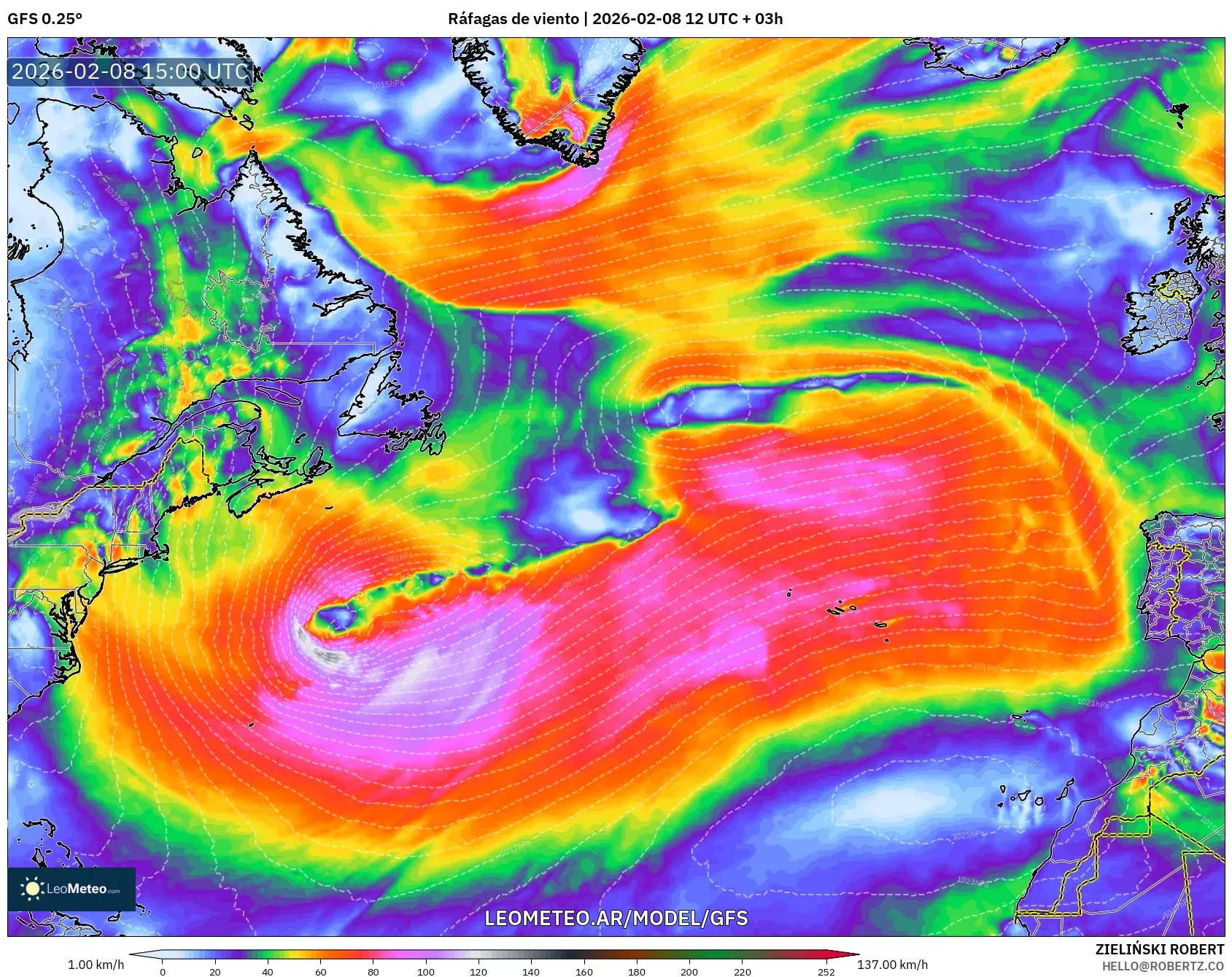 GFS model - Norte Atlántico, Ráfagas de viento