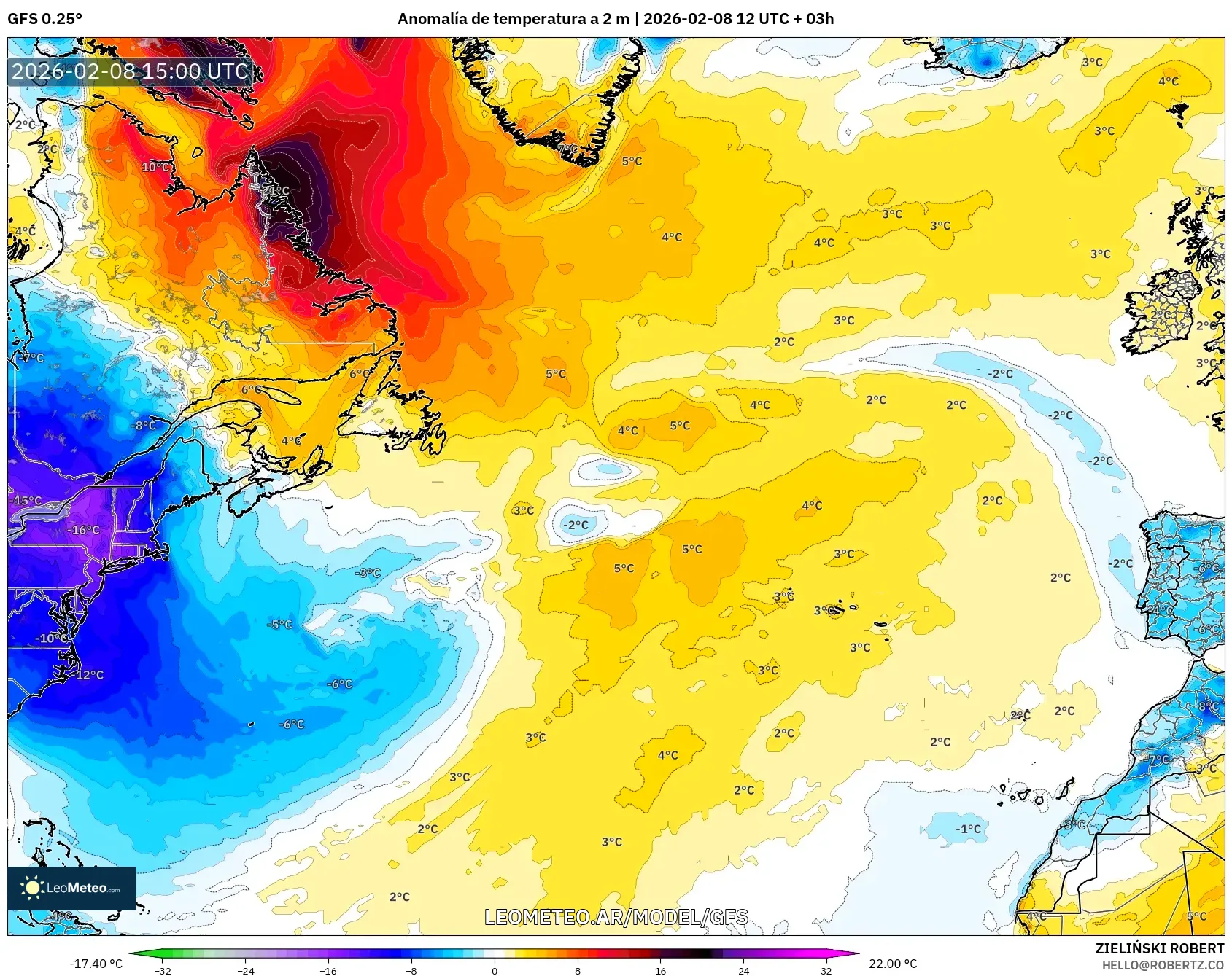 GFS model - Norte Atlántico, Anomalía de temperatura a 2 m