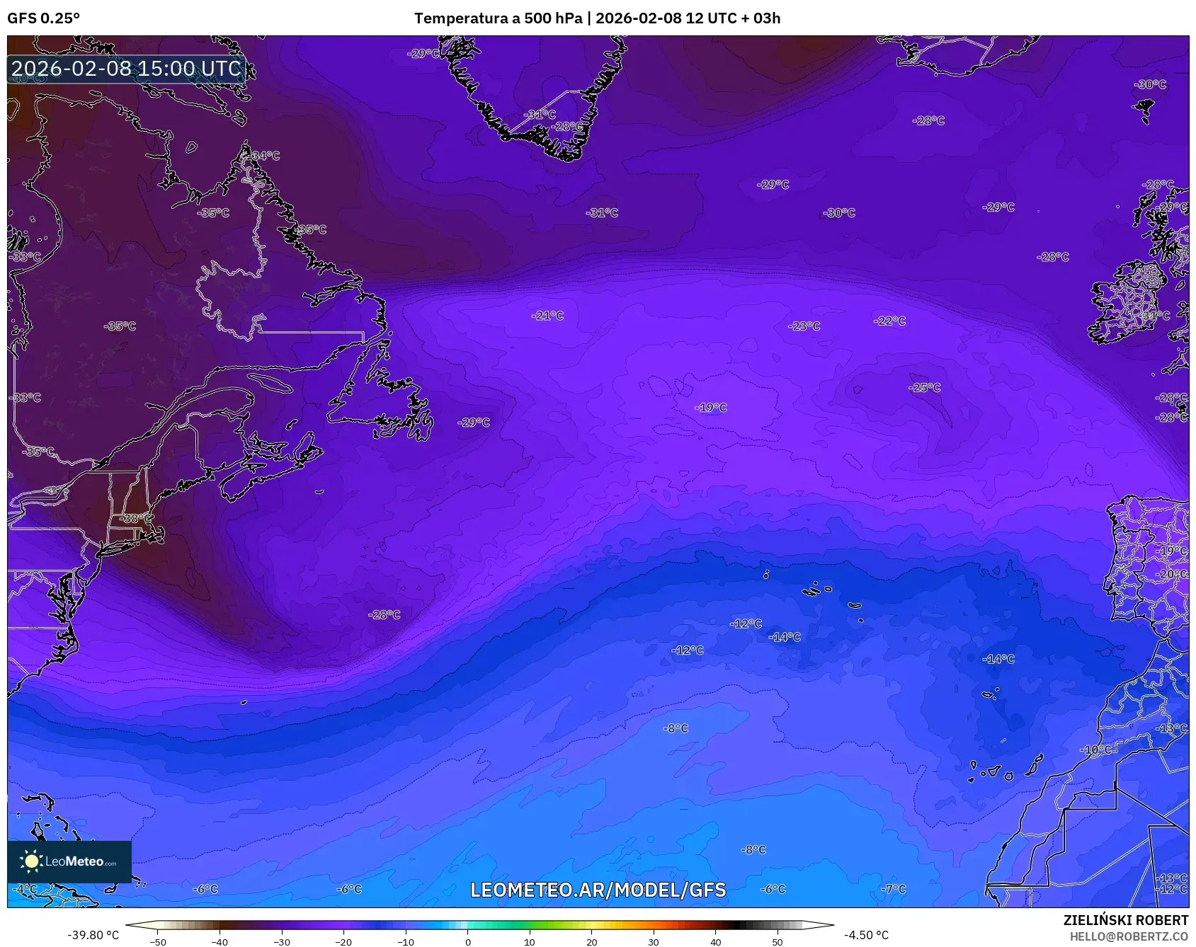 GFS model - Norte Atlántico, Temperatura a 500 hPa