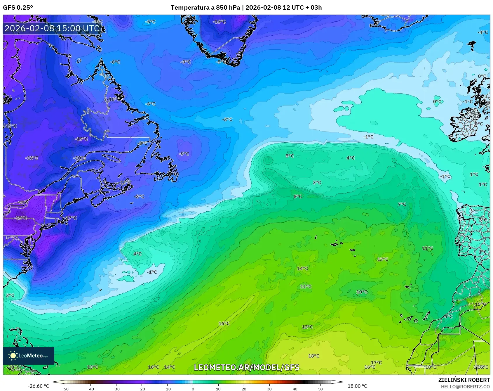 GFS model - Norte Atlántico, Temperatura a 850 hPa