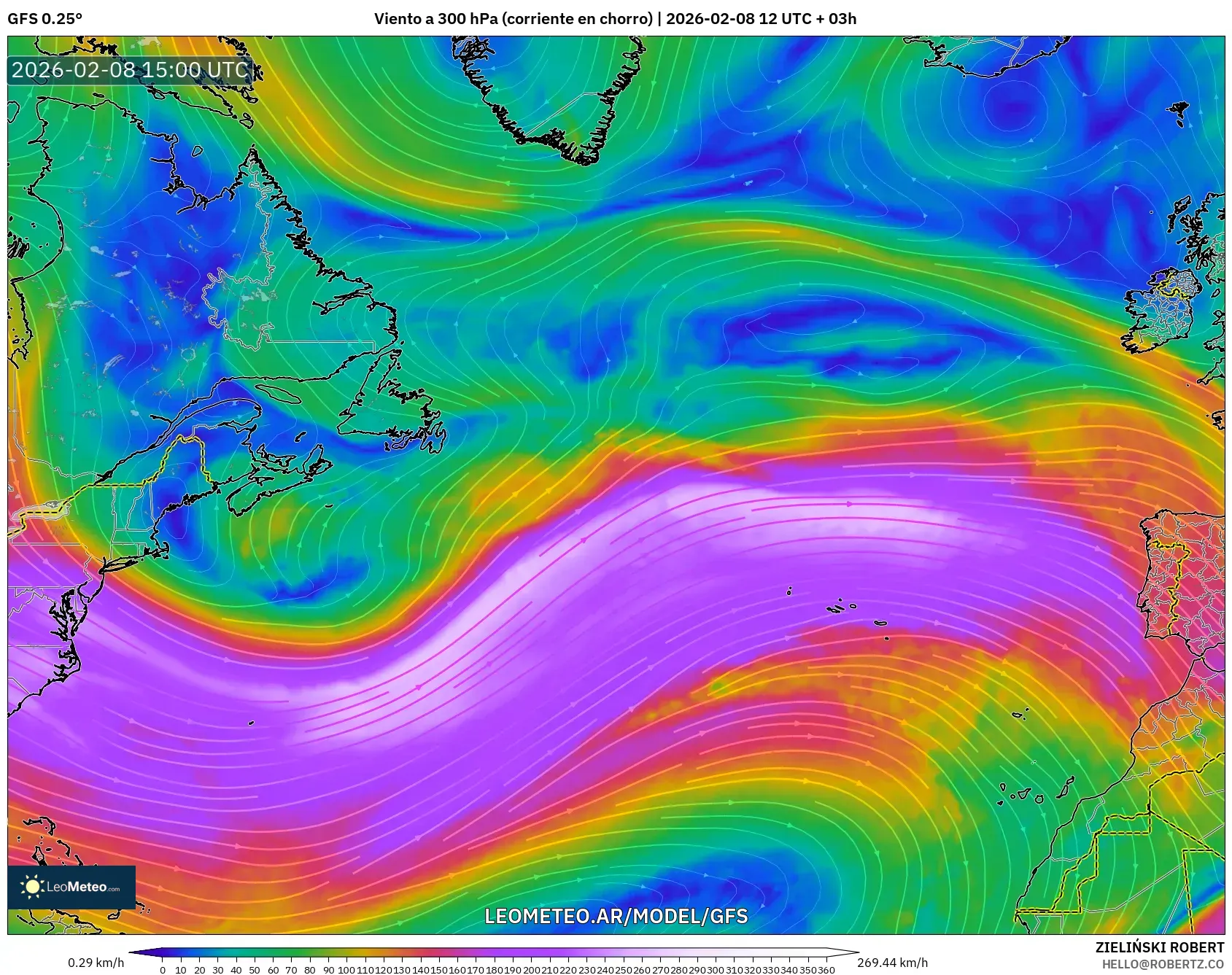 GFS model - Norte Atlántico, Viento a 300 hPa (corriente en chorro)