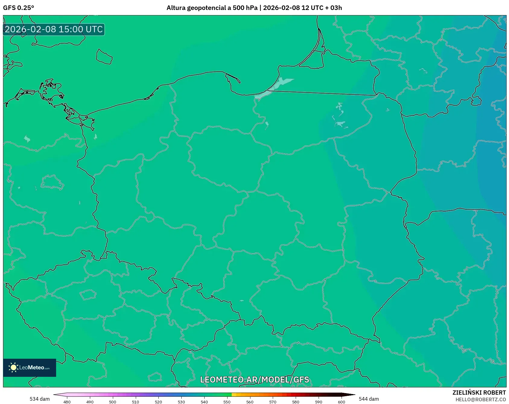GFS model - Polonia, Altura geopotencial a 500 hPa