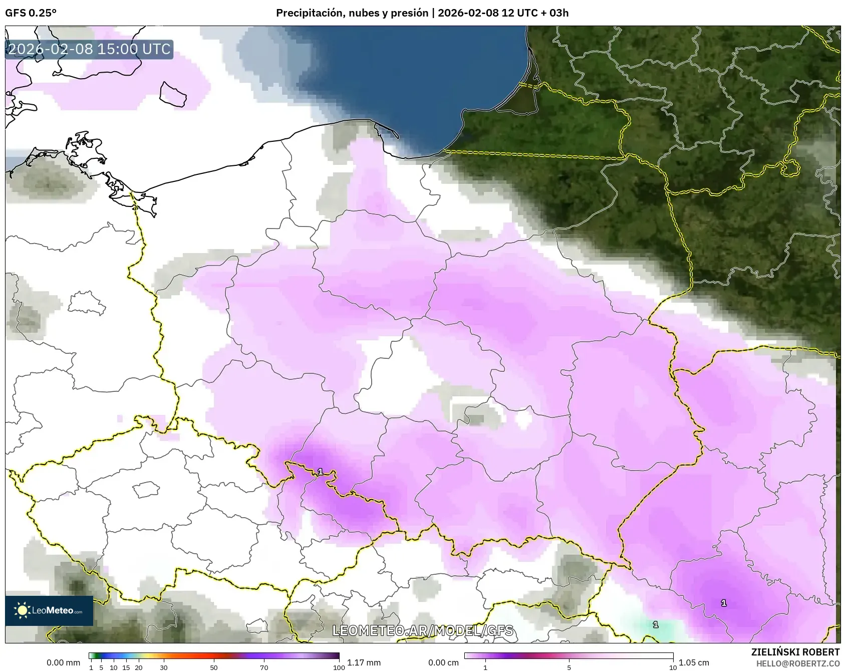 GFS model - Polonia, Precipitación, nubes y presión