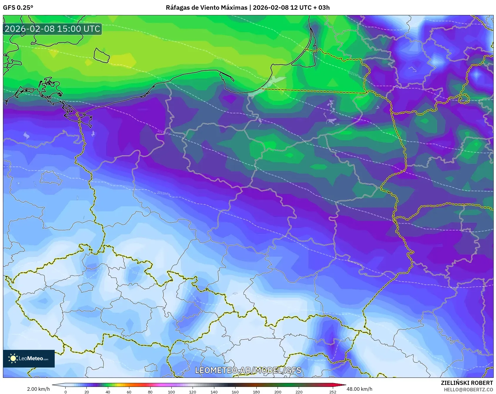 GFS model - Polonia, Ráfagas de Viento Máximas