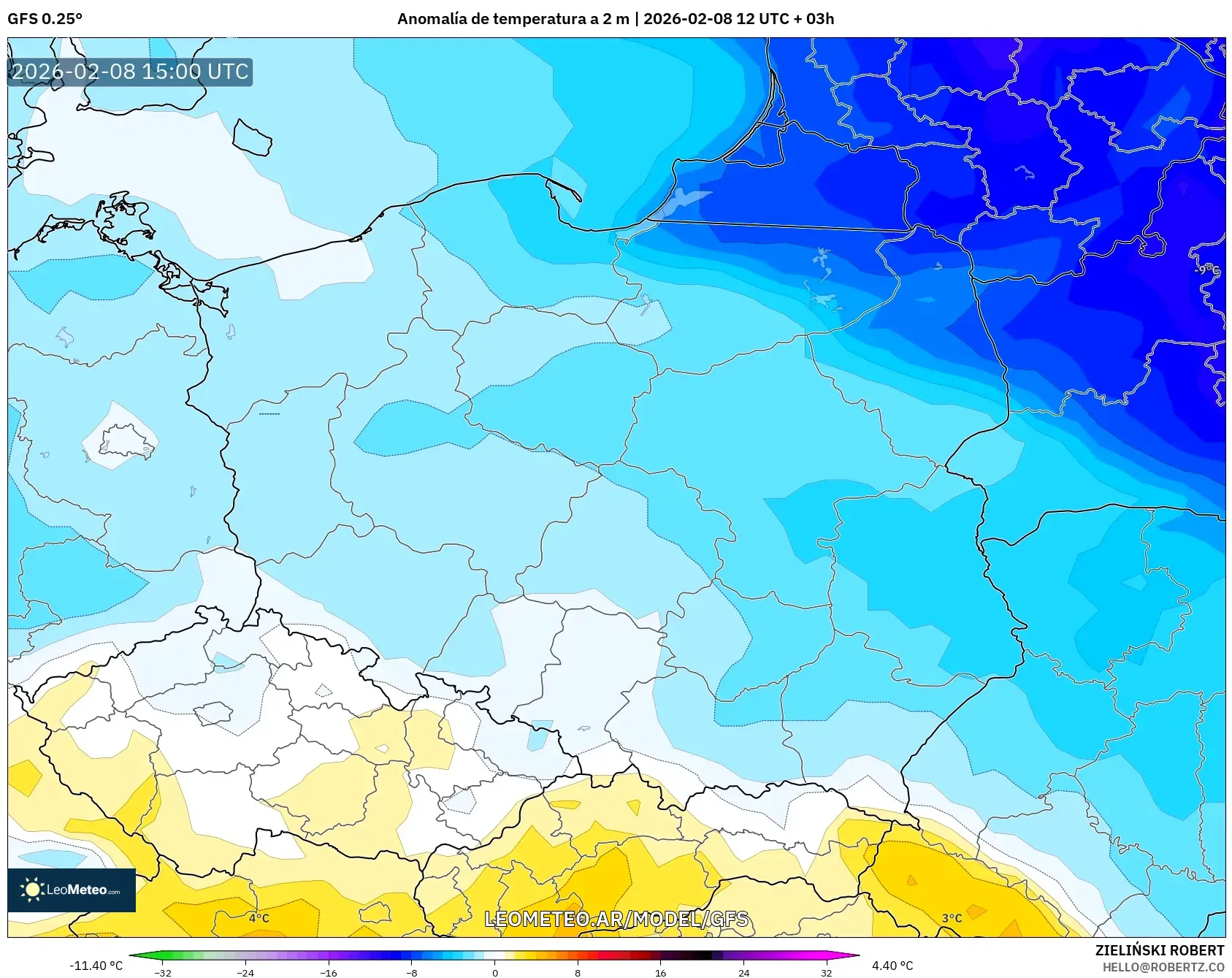 GFS model - Polonia, Anomalía de temperatura a 2 m