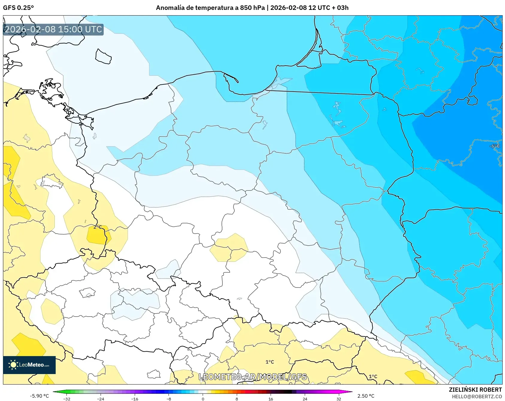 GFS model - Polonia, Anomalía de temperatura a 850 hPa