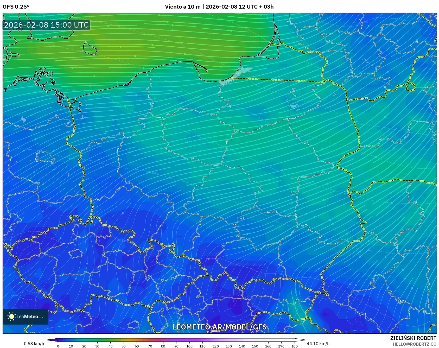 GFS model - Polonia, Viento a 10 m