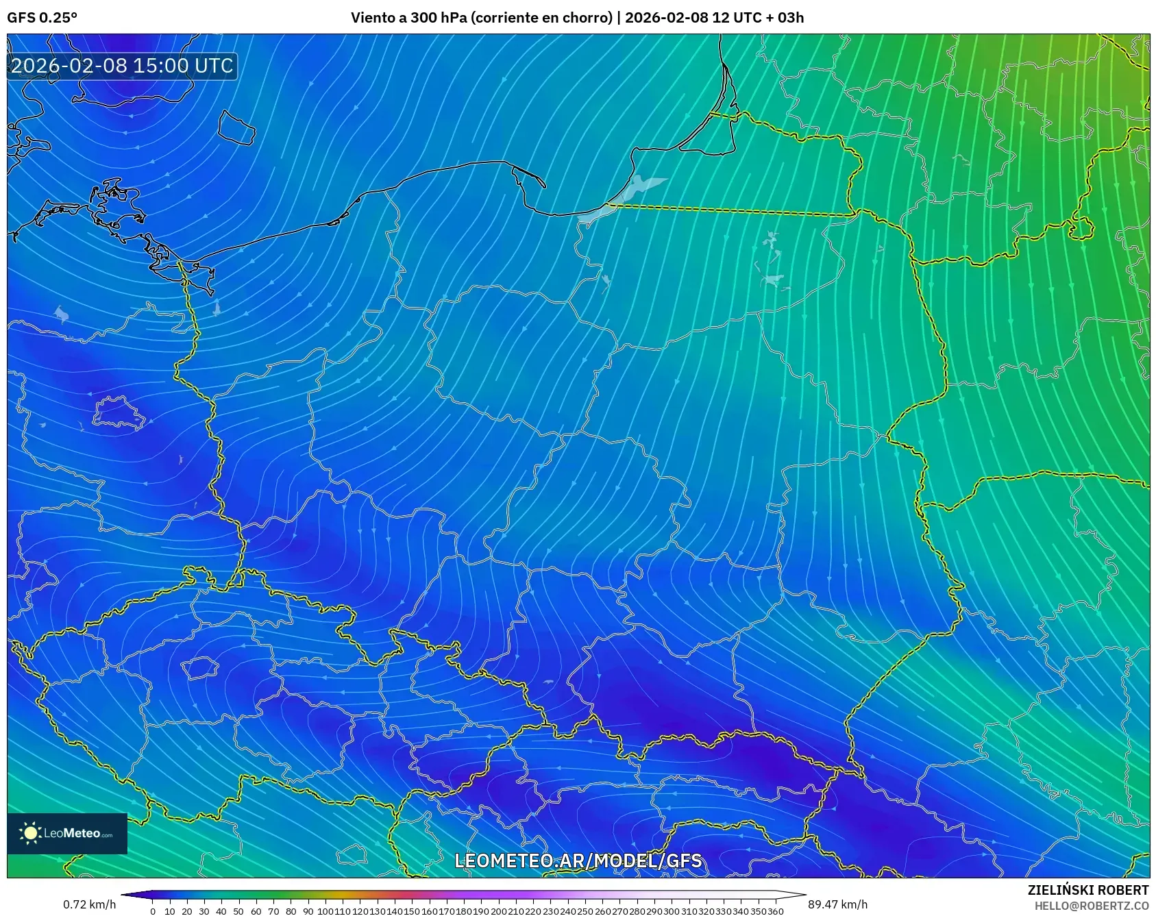 GFS model - Polonia, Viento a 300 hPa (corriente en chorro)
